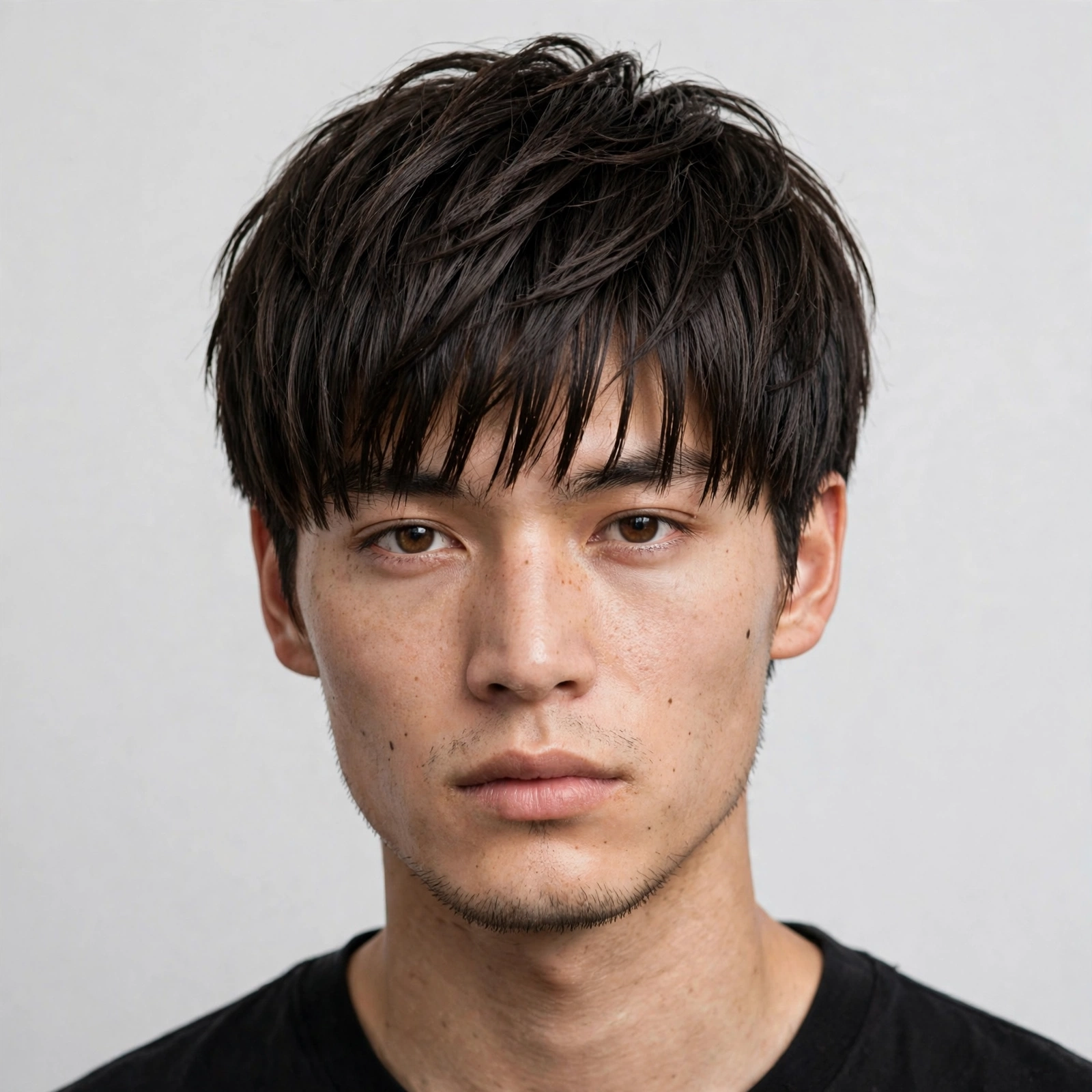 male model with straight hair in a textured genji cut, clean studio portrait