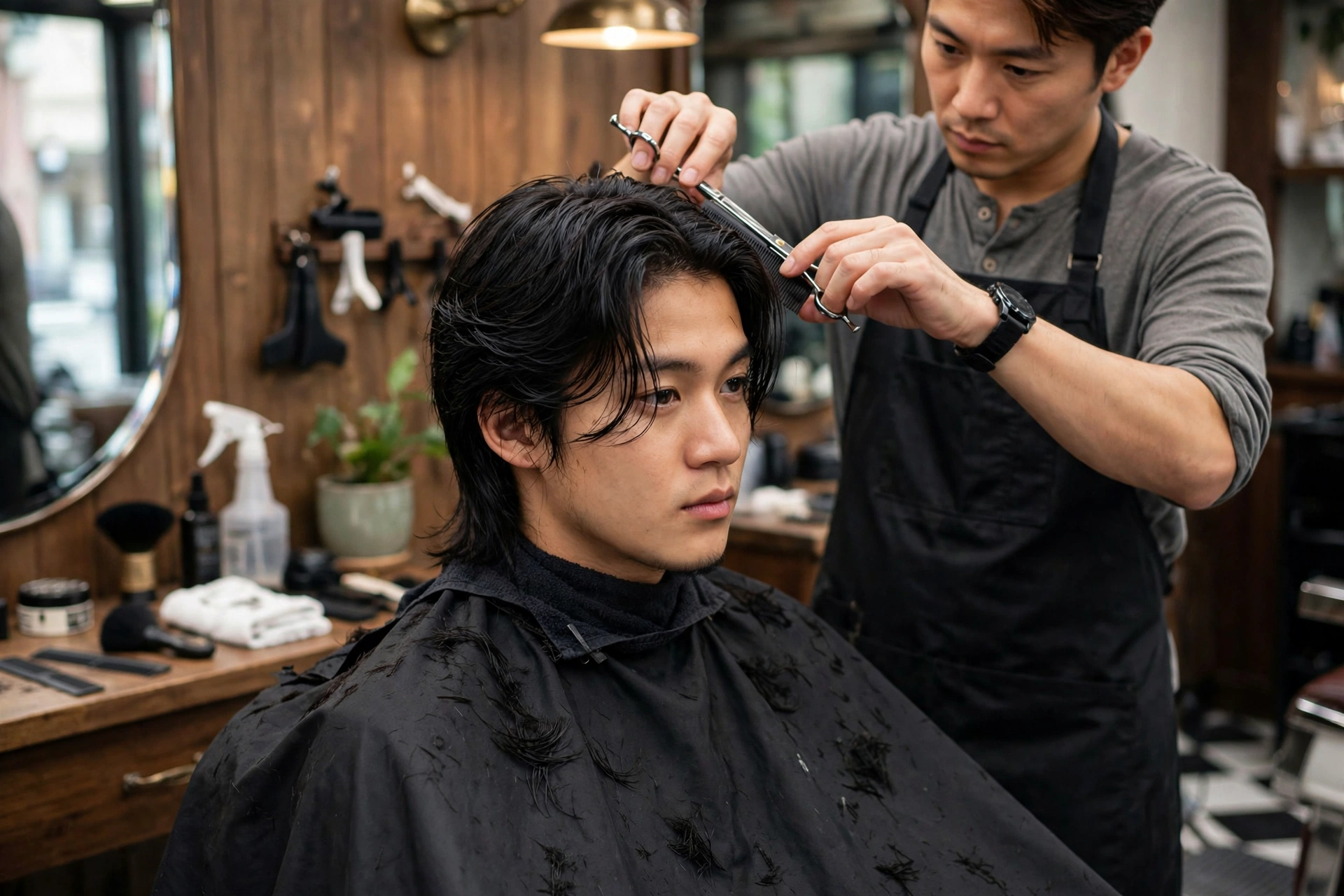 man getting his genji cut layers trimmed at the barbershop