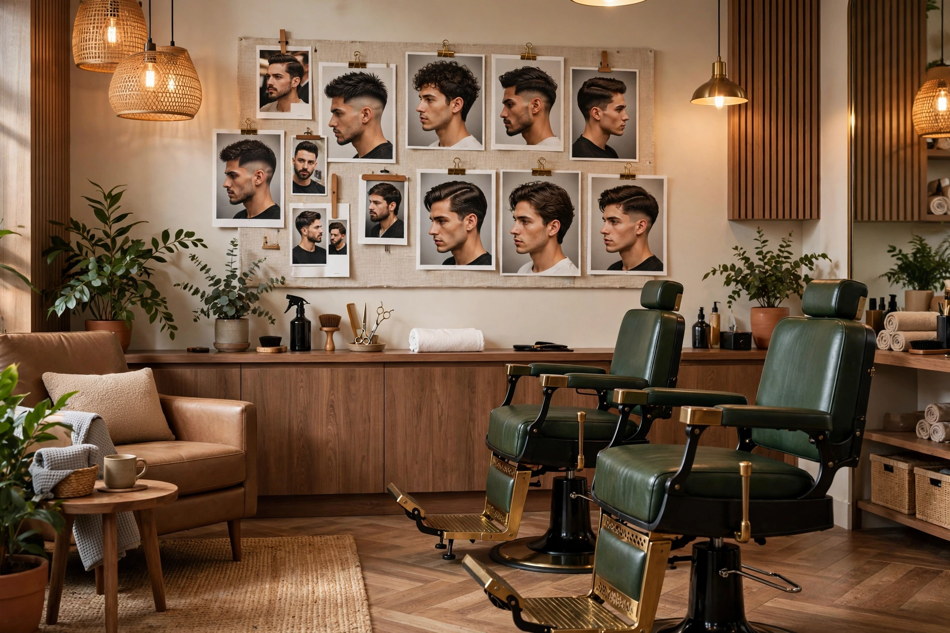 barbershop interior with genji cut style references, warm lighting