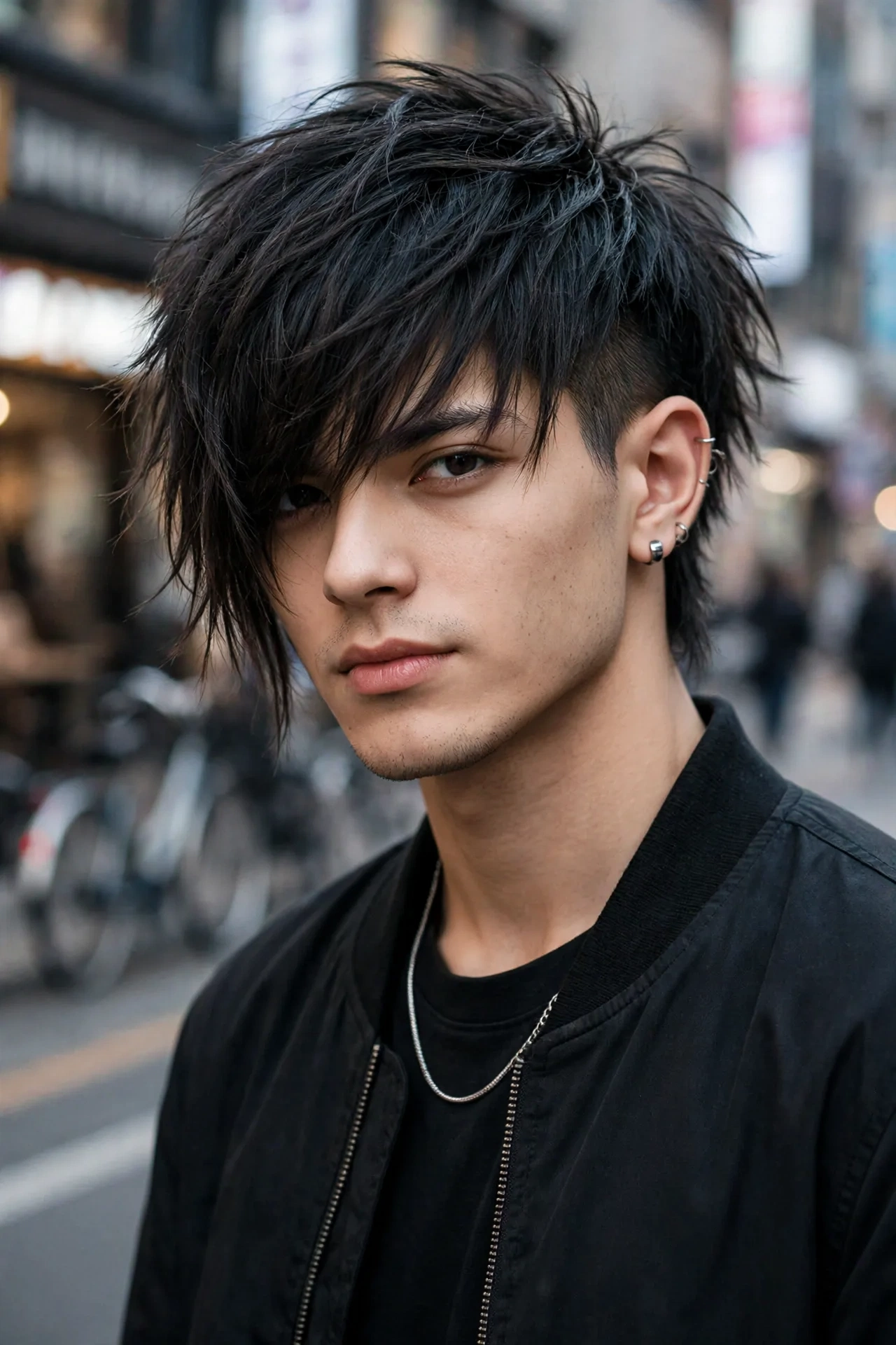 confident young man with sharp asymmetrical genji cut, urban fashion portrait