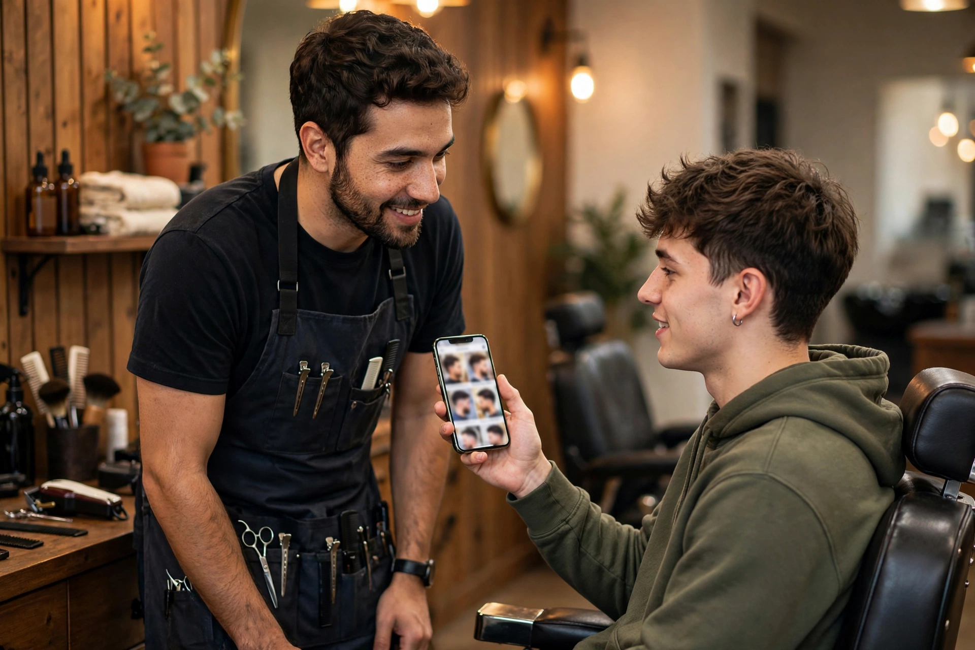 barber consulting with male client about genji cut, reference photos on phone
