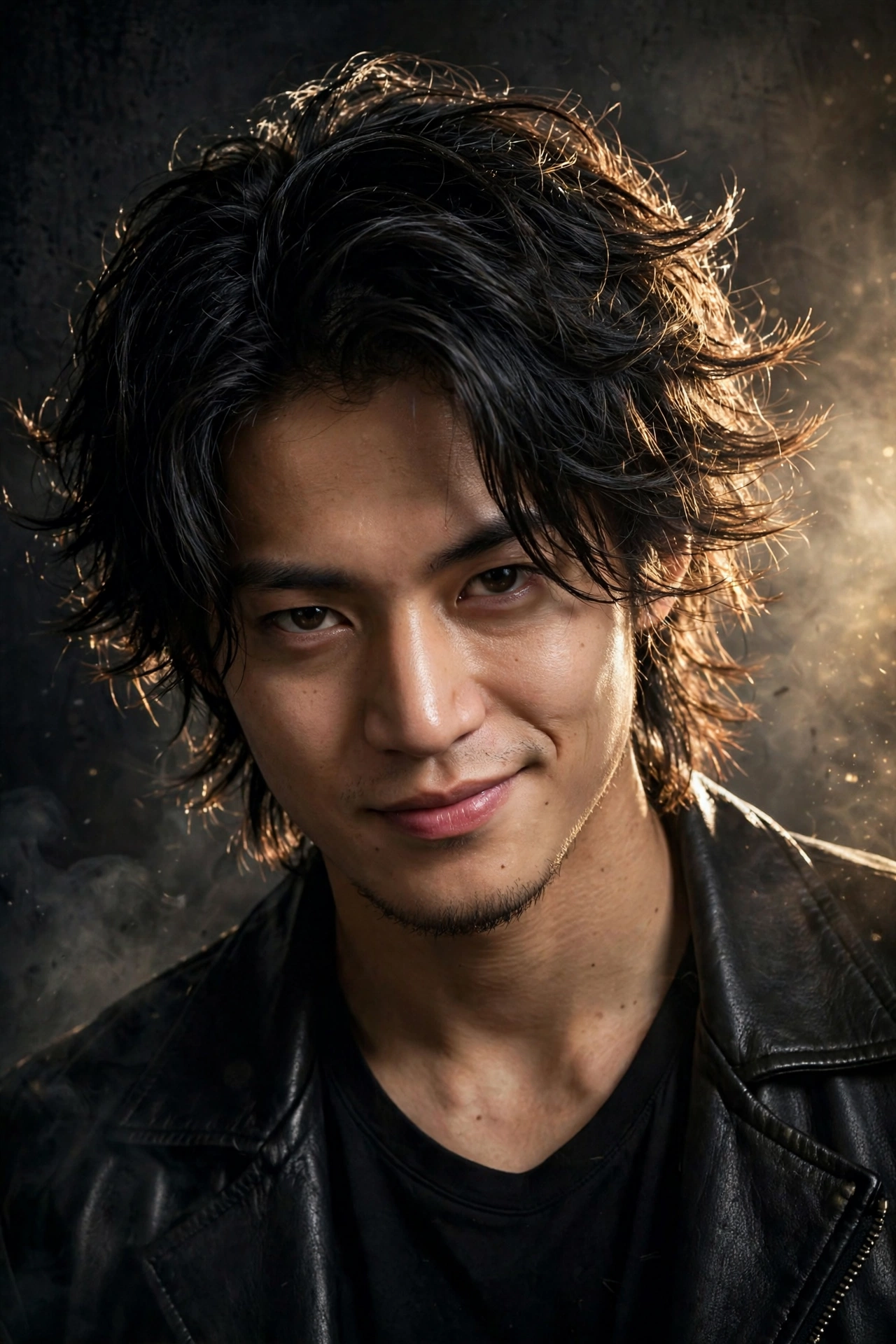 male model with classic Takiya Genji hairstyle, medium messy layers, rebellious look
