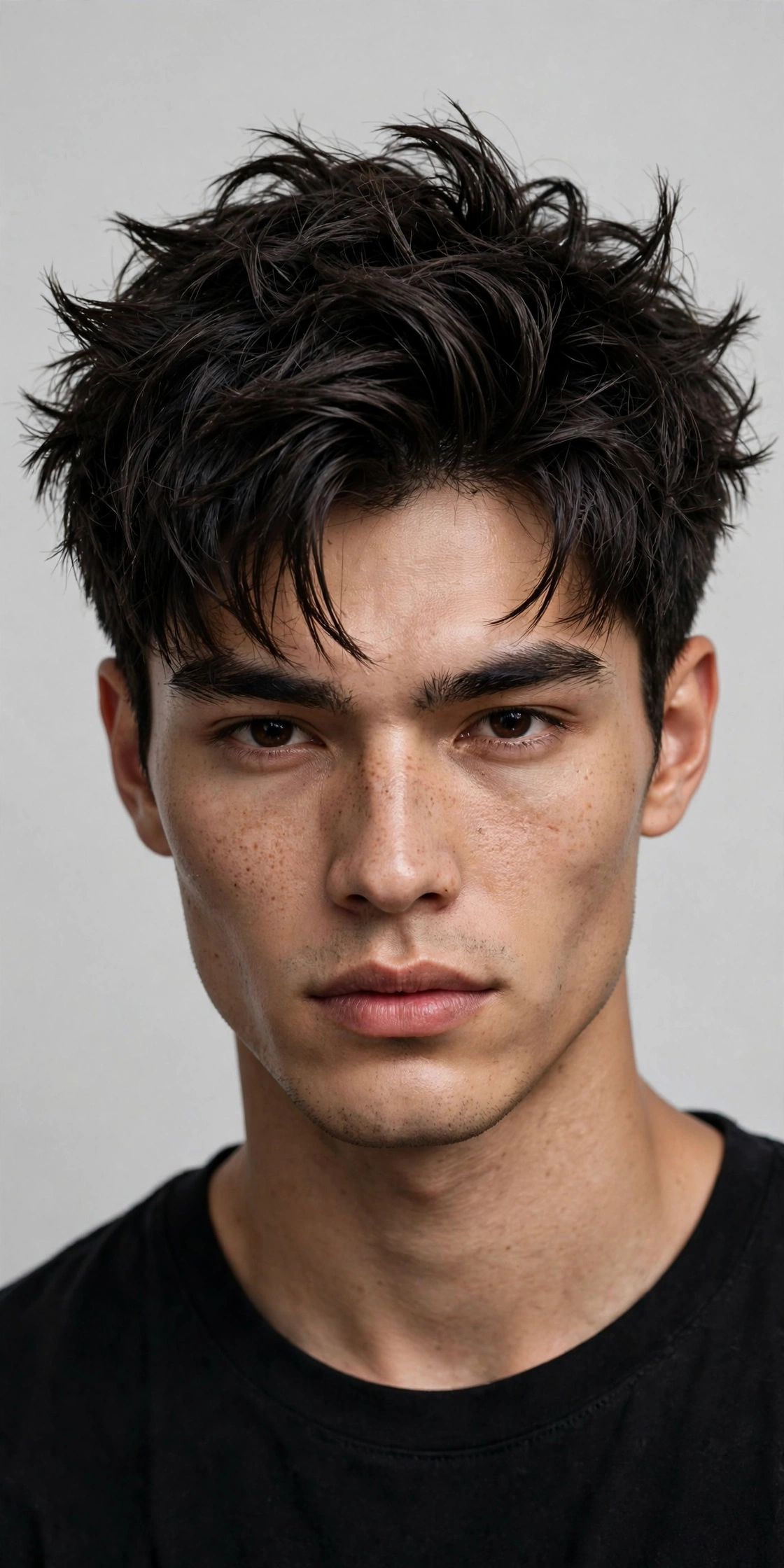 male model with modern textured genji cut, strong choppy layers and volume on top