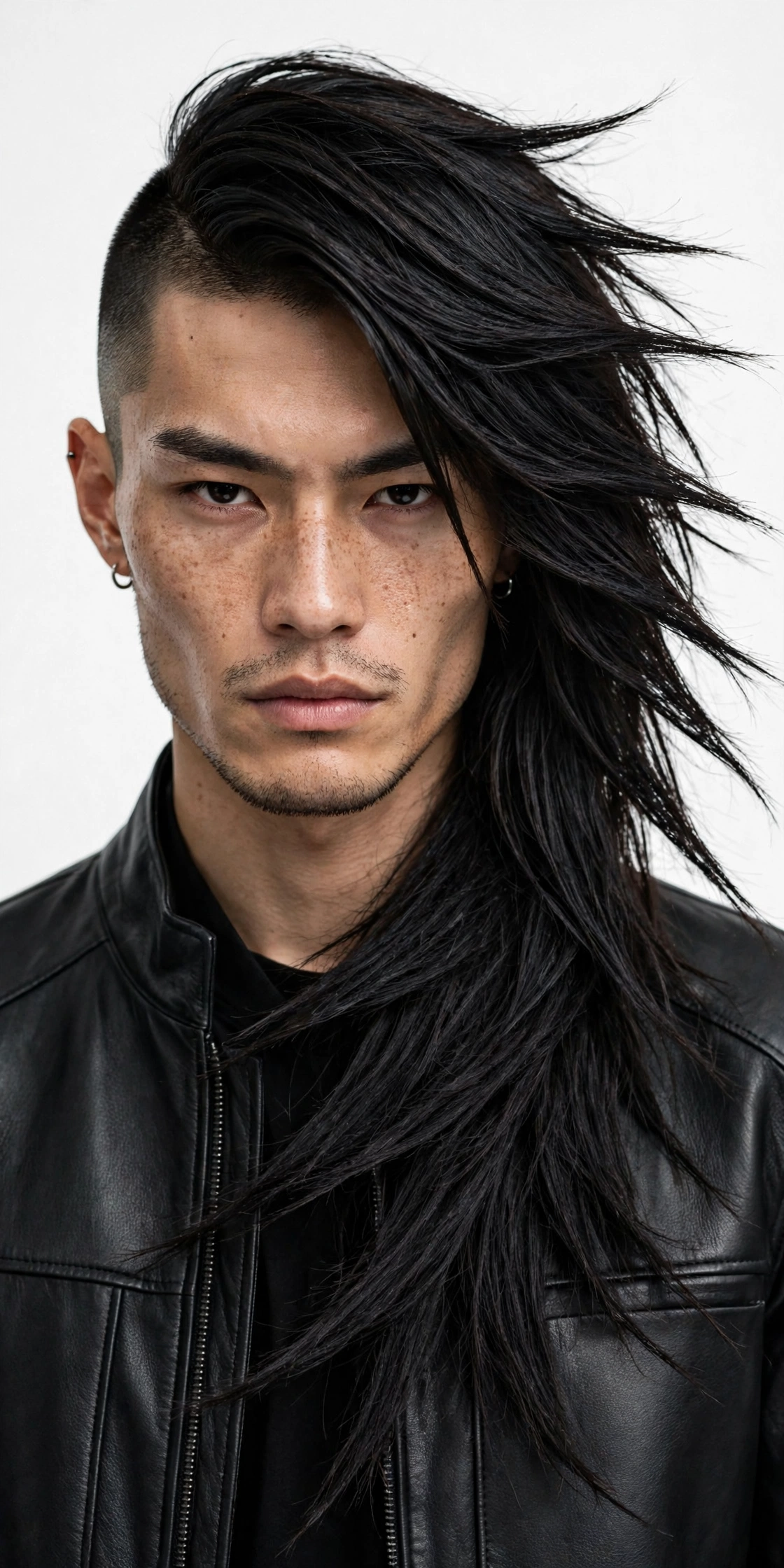 male model with asymmetrical genji cut, one side visibly longer than the other, edgy fashion photo