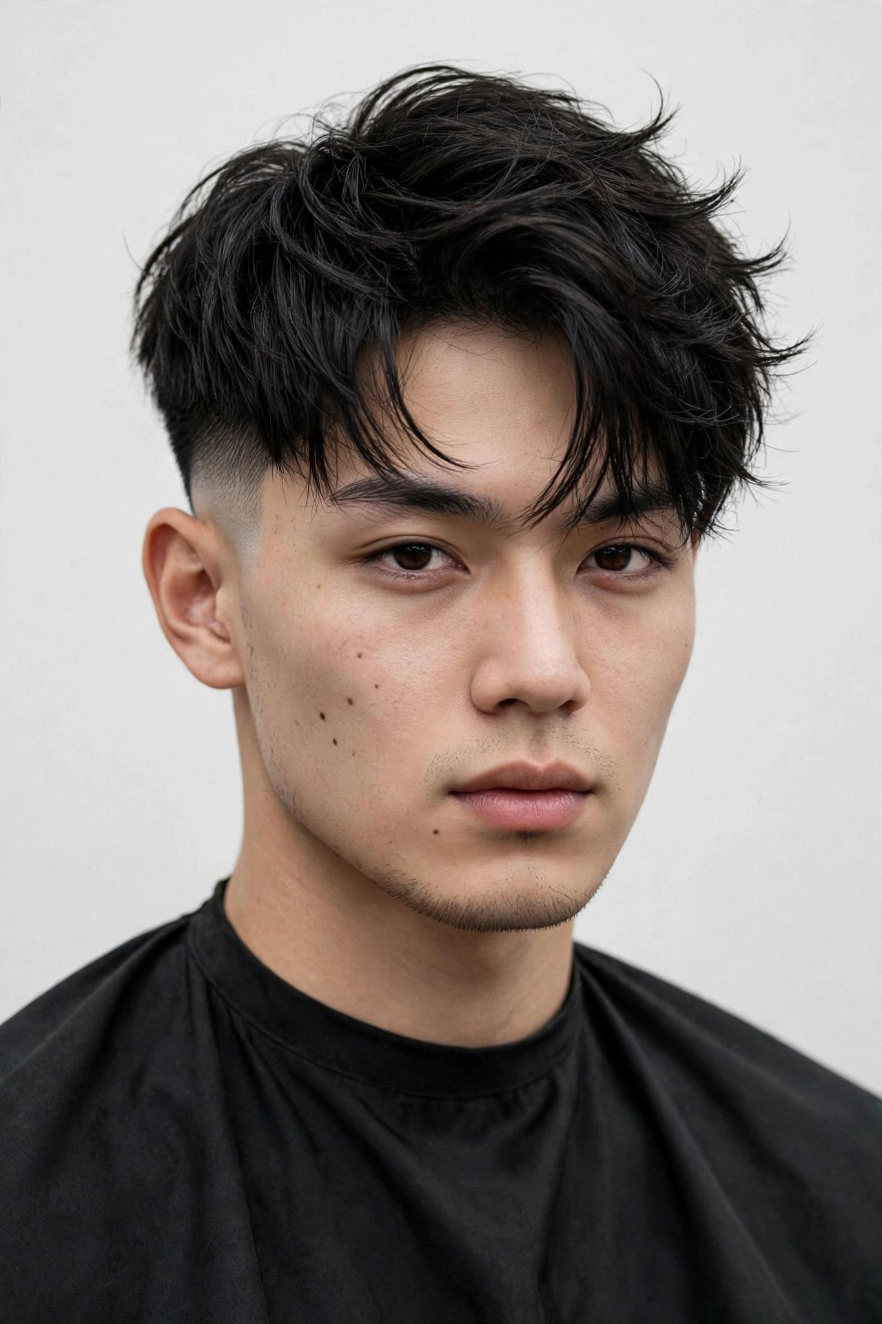 male model with genji cut and faded sides, textured layered top with clean mid fade
