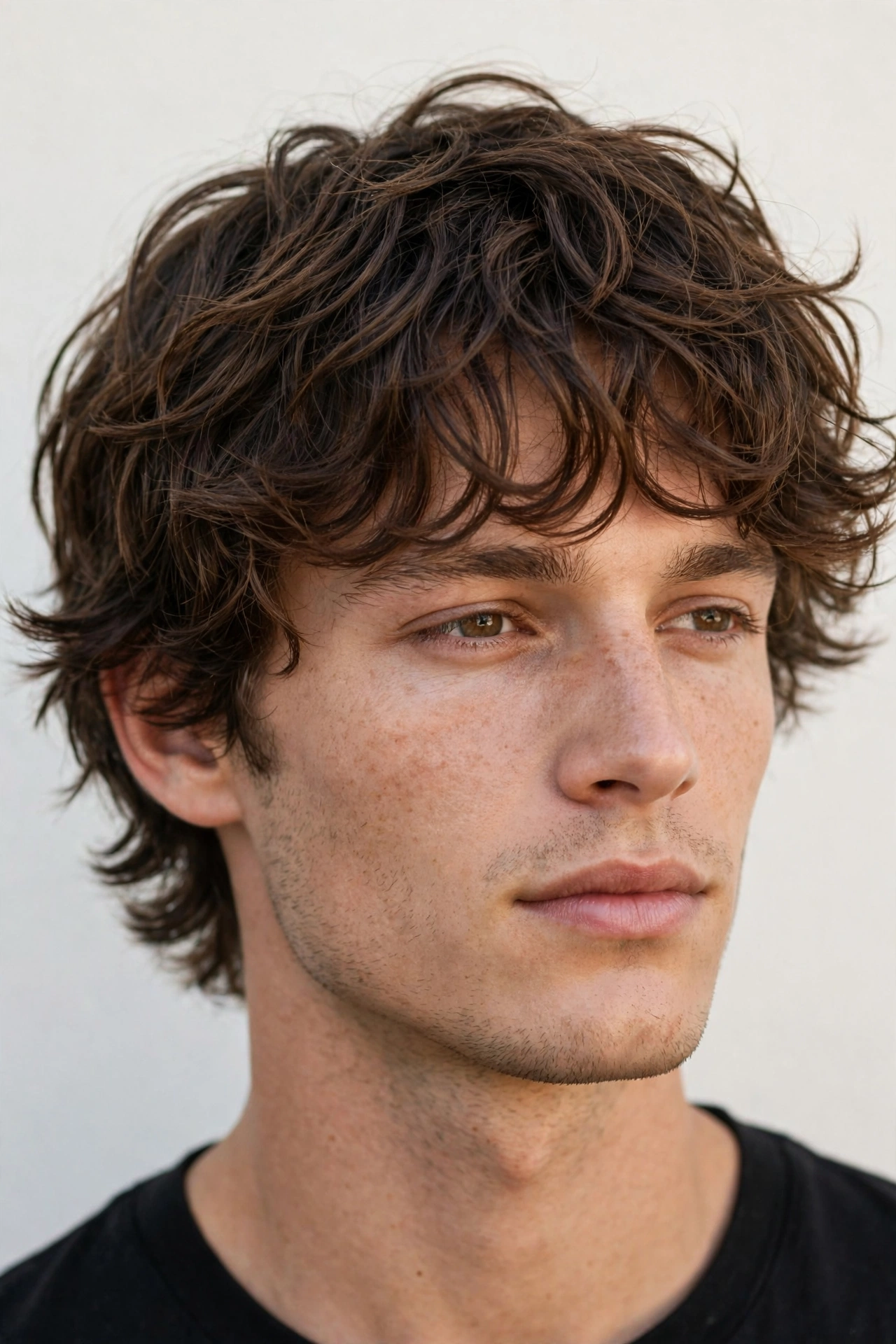 male model with wavy hair in a genji cut, natural waves enhancing the messy layers
