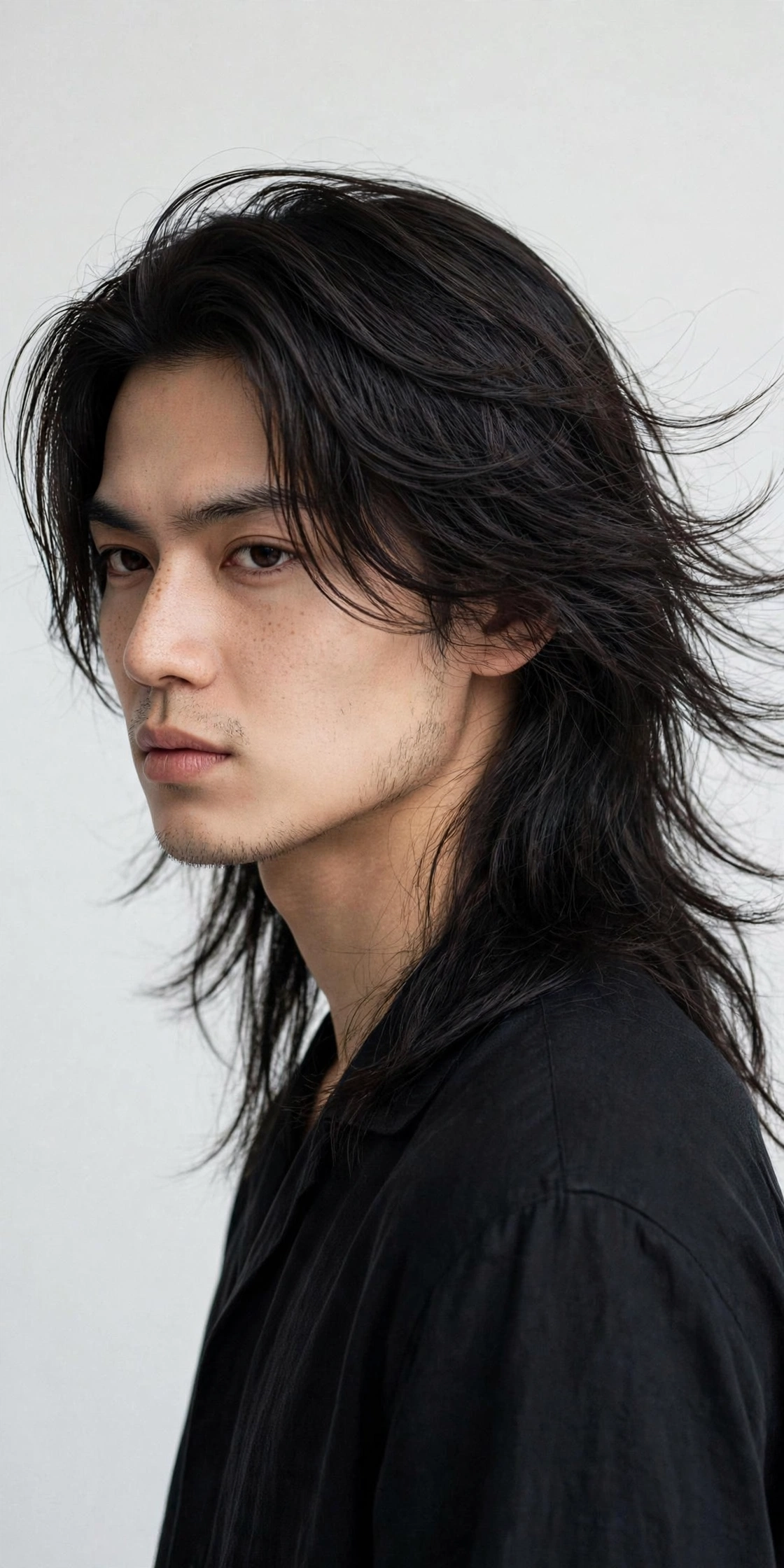 male model with long genji cut, extended layered length past five inches, flowing texture