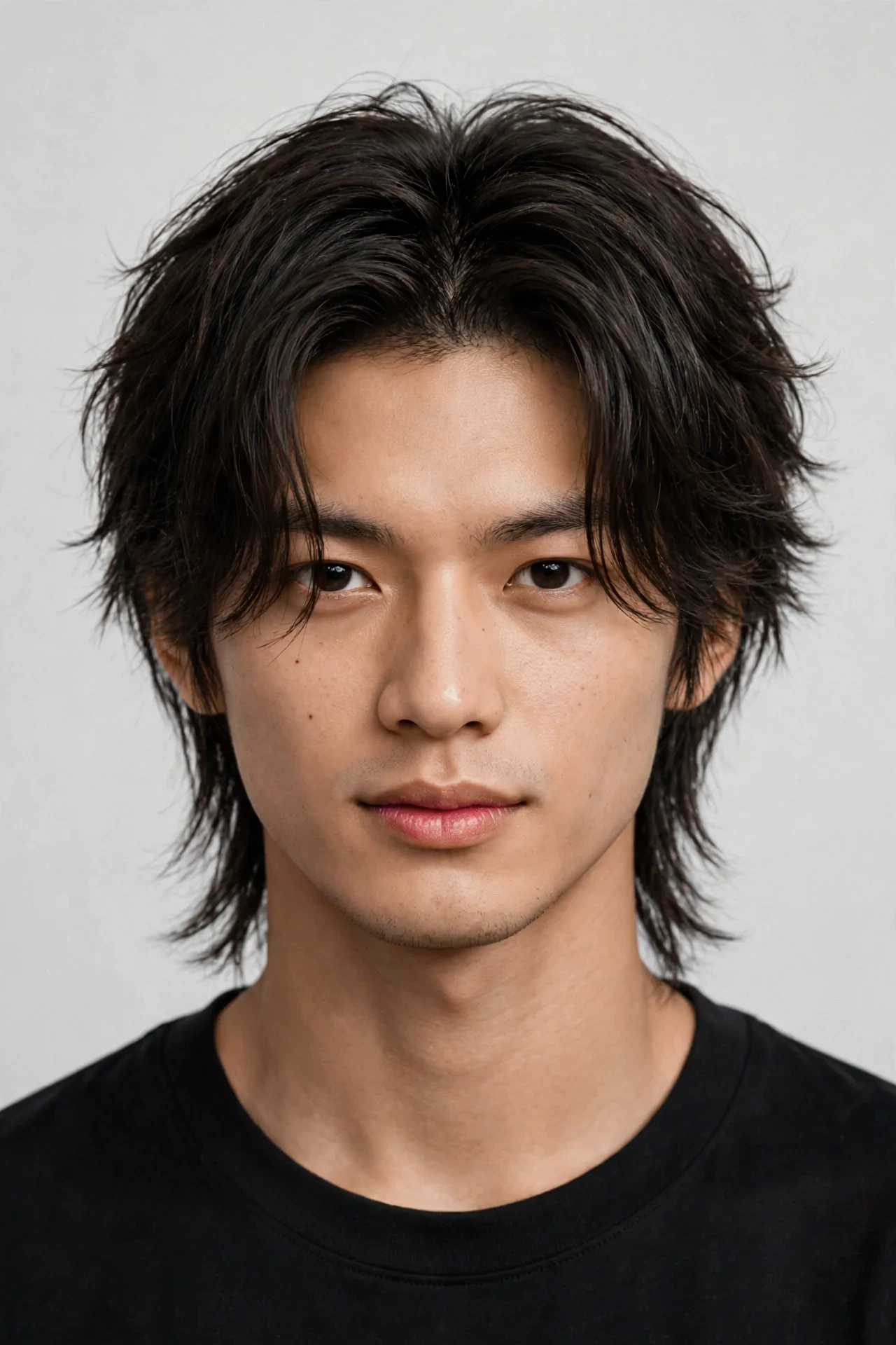 male model with genji cut and curtain fringe, center-parted longer front pieces framing face