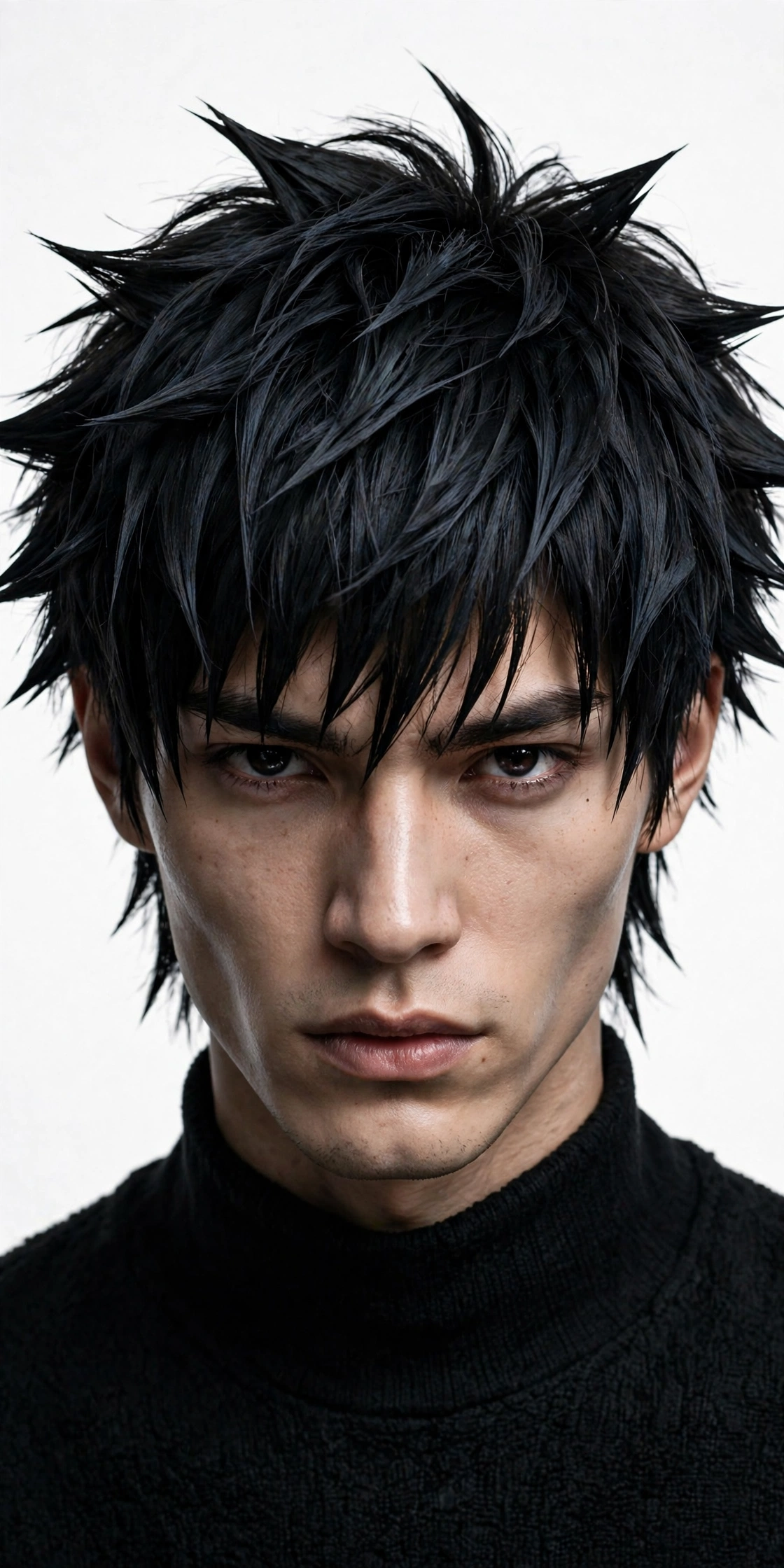 male model with choppy anime-inspired genji cut, spiky defined pieces, bold edgy style