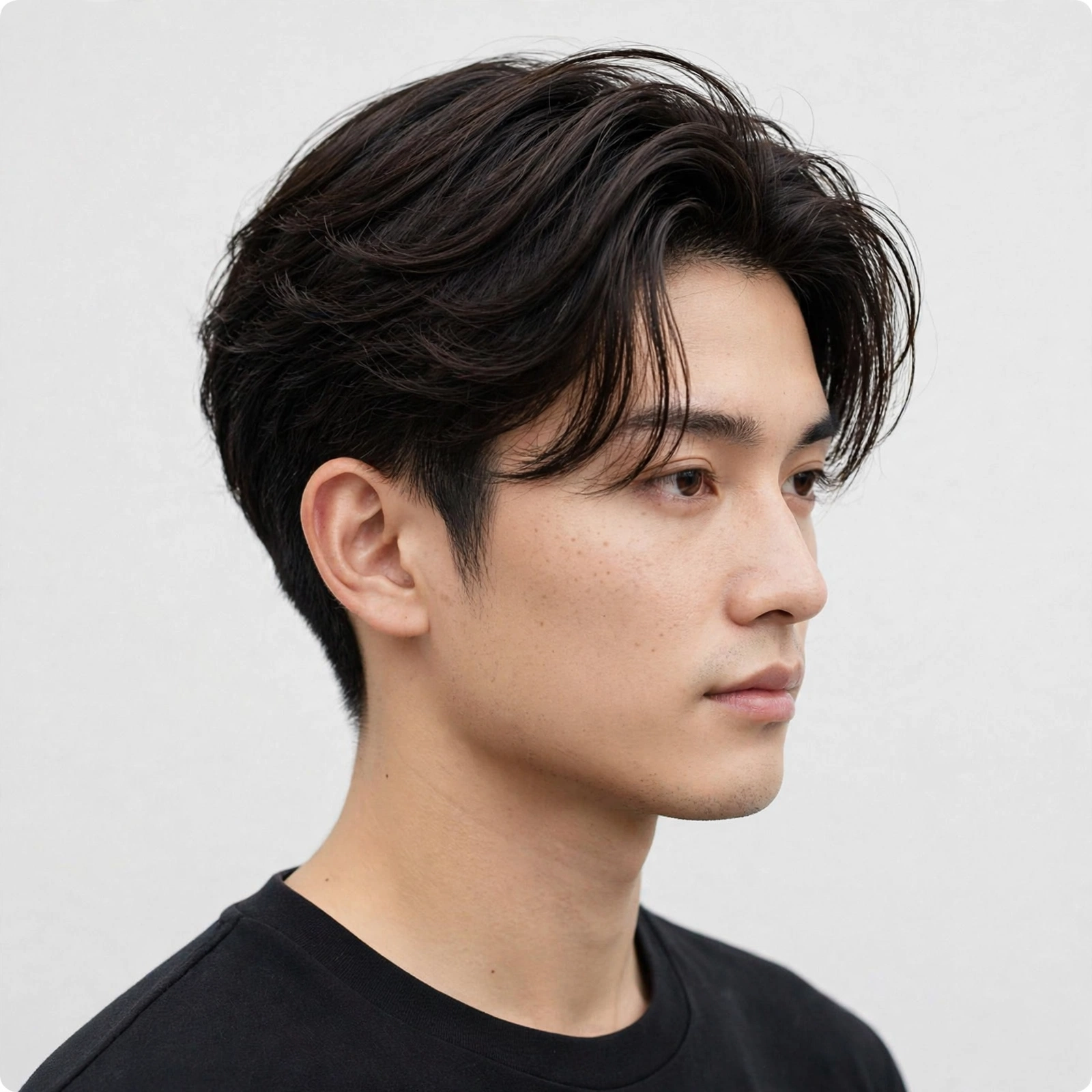male model with genji cut styled with a deep side part, swept textured layers