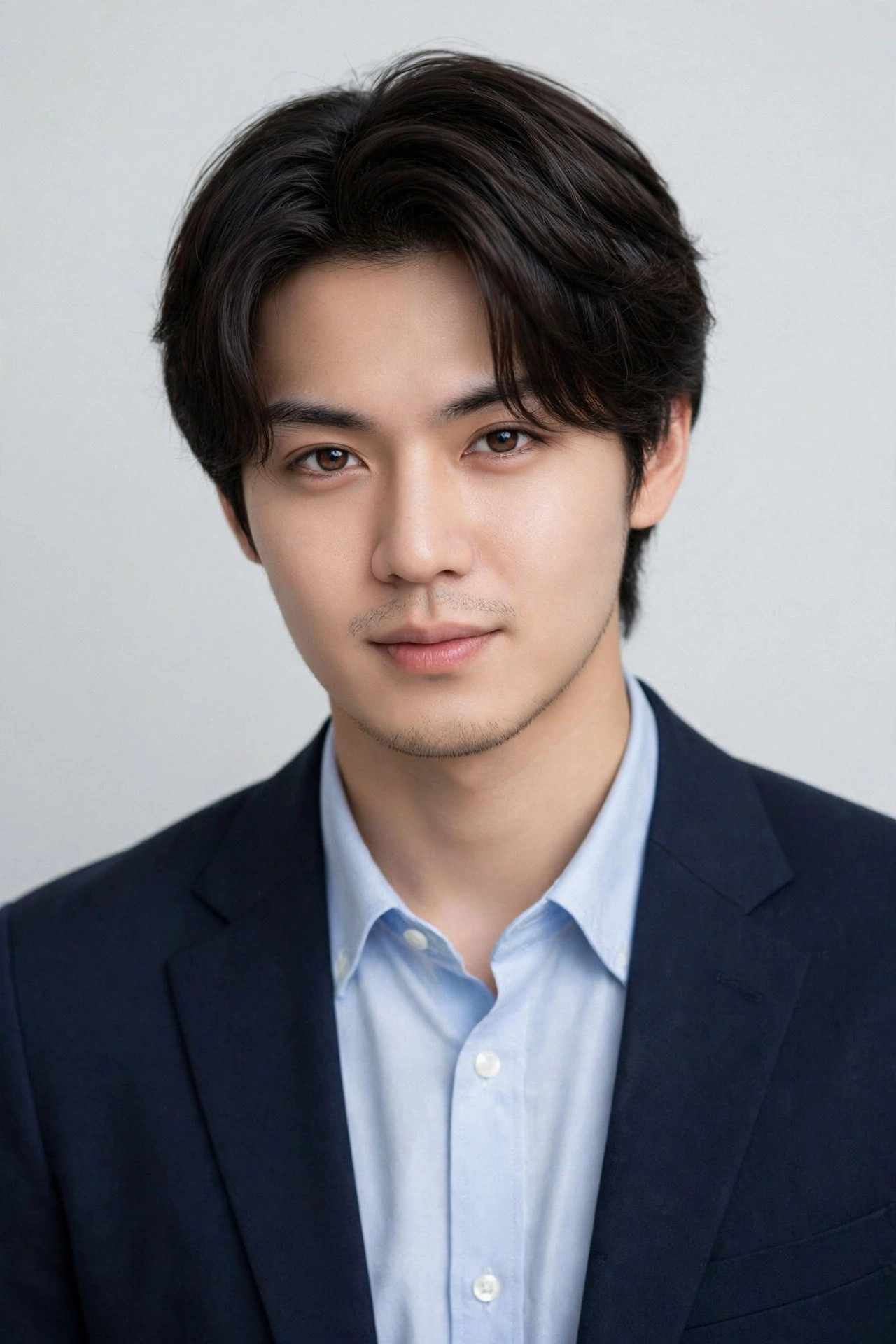 male model with soft subtle genji cut, neat layered texture, professional setting