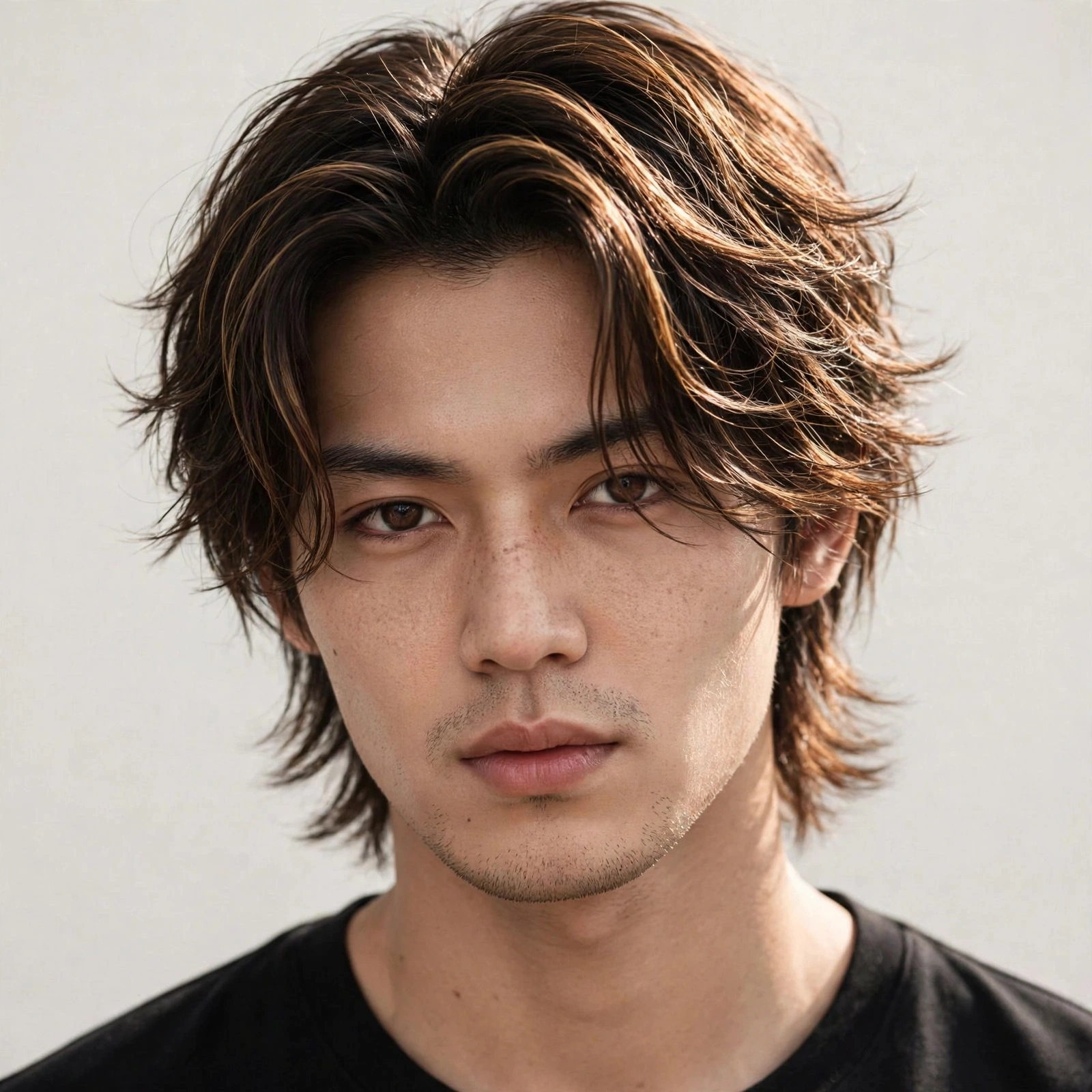 male model with genji cut featuring subtle highlights, dimensional color in textured layers