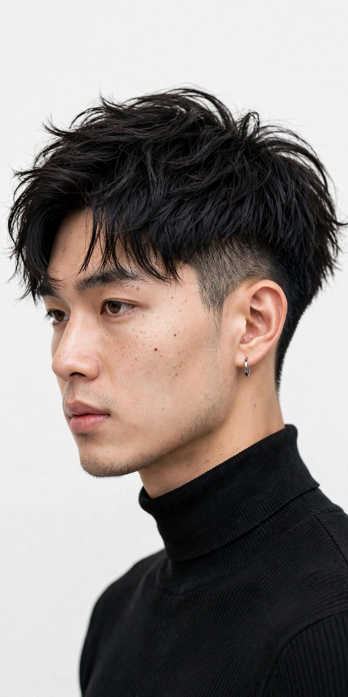 male model with genji two-block hybrid cut, disconnected neat sides with long textured genji top