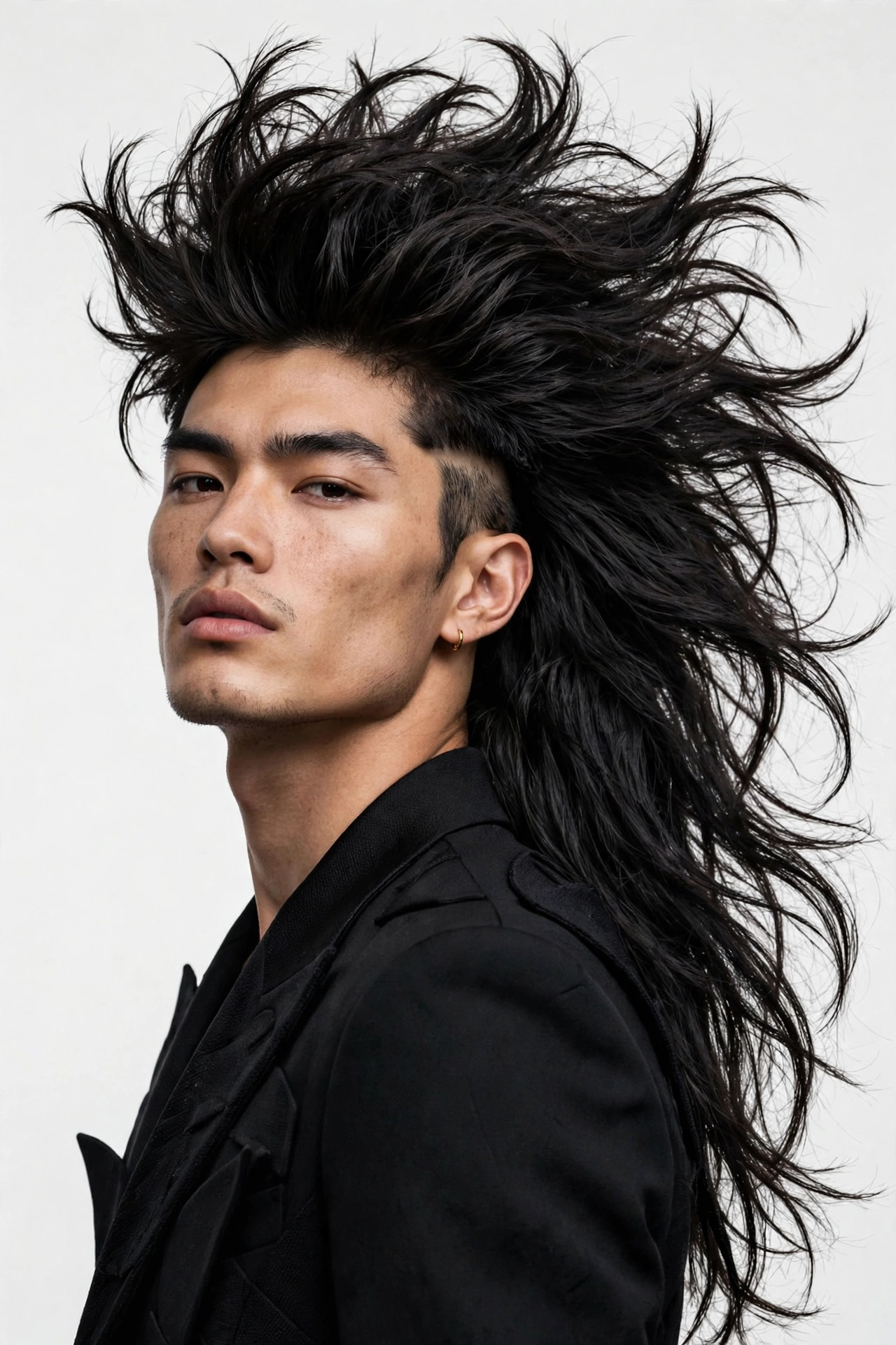 male model with bold dramatic genji cut, extreme texture and volume, high-fashion editorial