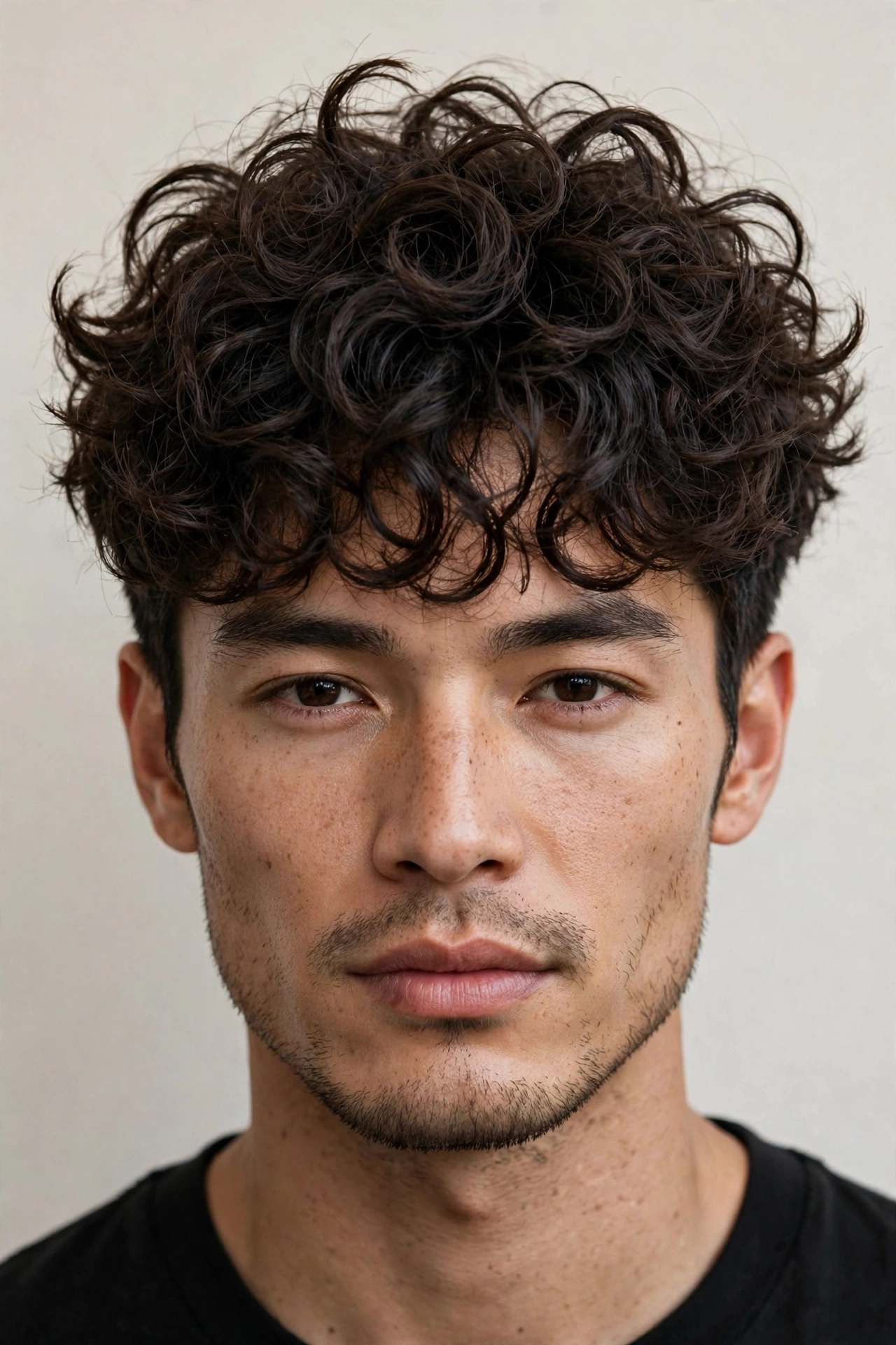 male model with curly hair in a genji cut, defined curls with layered messy texture