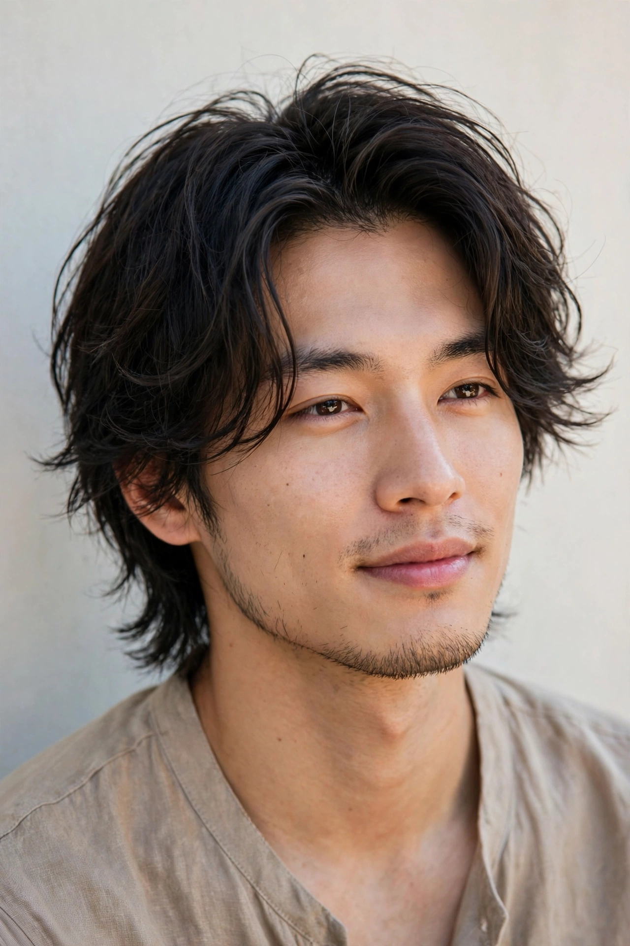 male model with grown-out genji cut, longer relaxed layers, effortless natural look