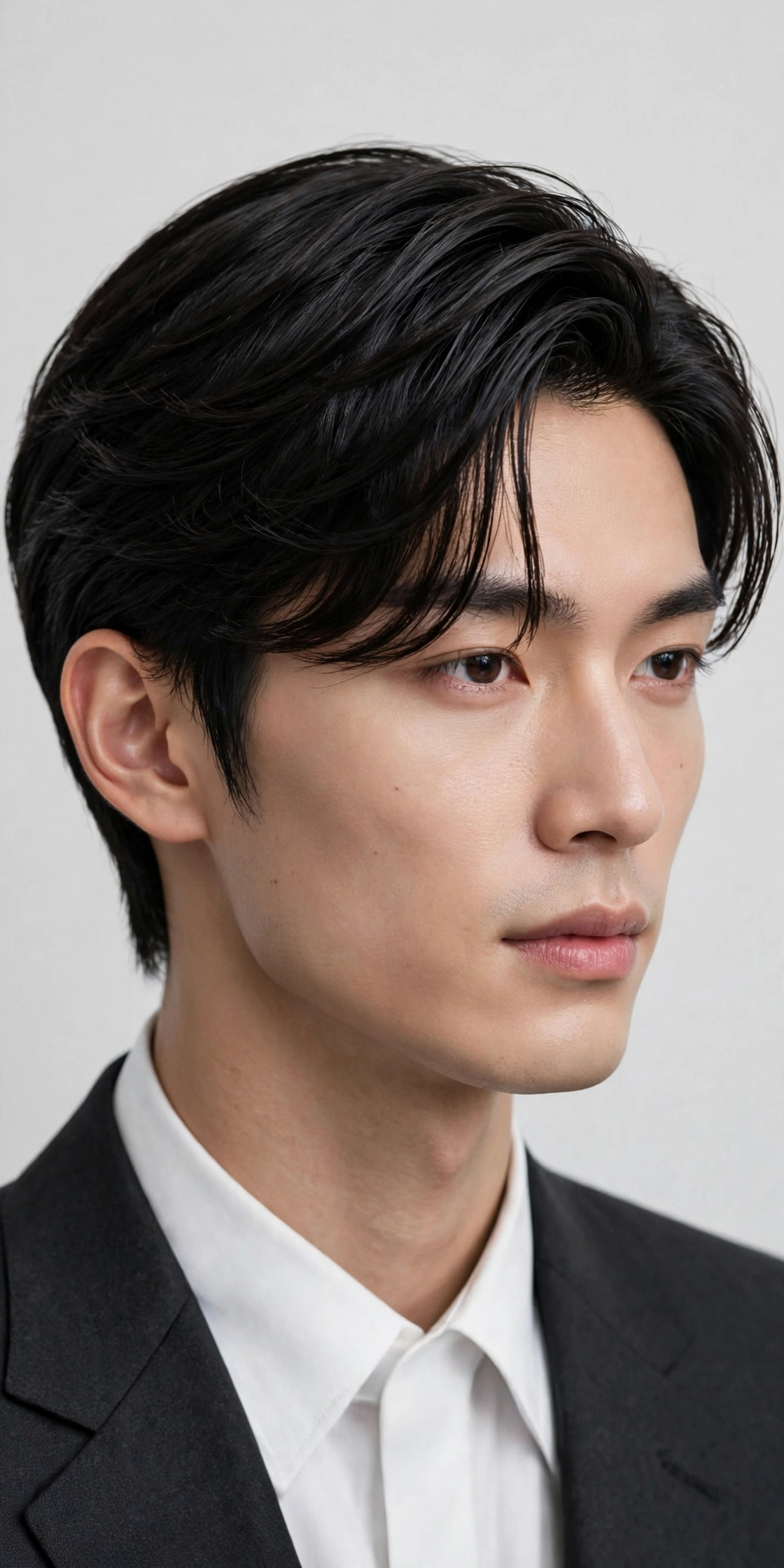male model with sleek polished genji cut, smooth controlled layers with subtle shine
