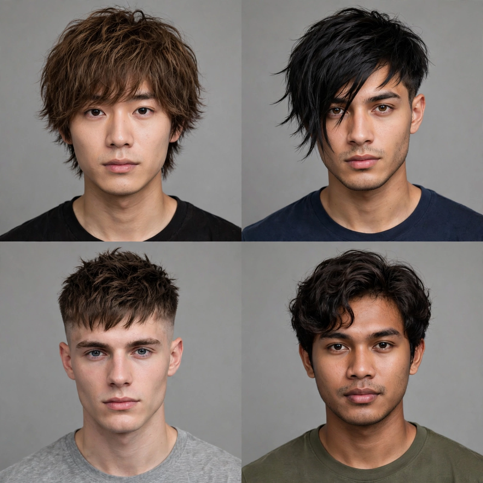 collage-style arrangement showing multiple genji cut variations on different men
