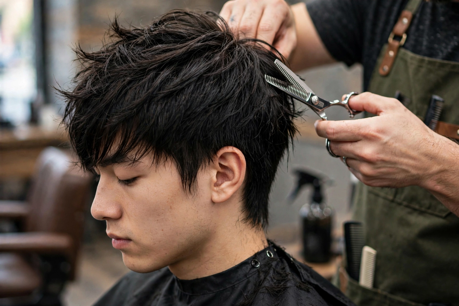 barber trimming layered genji cut with texturizing shears, maintenance in progress