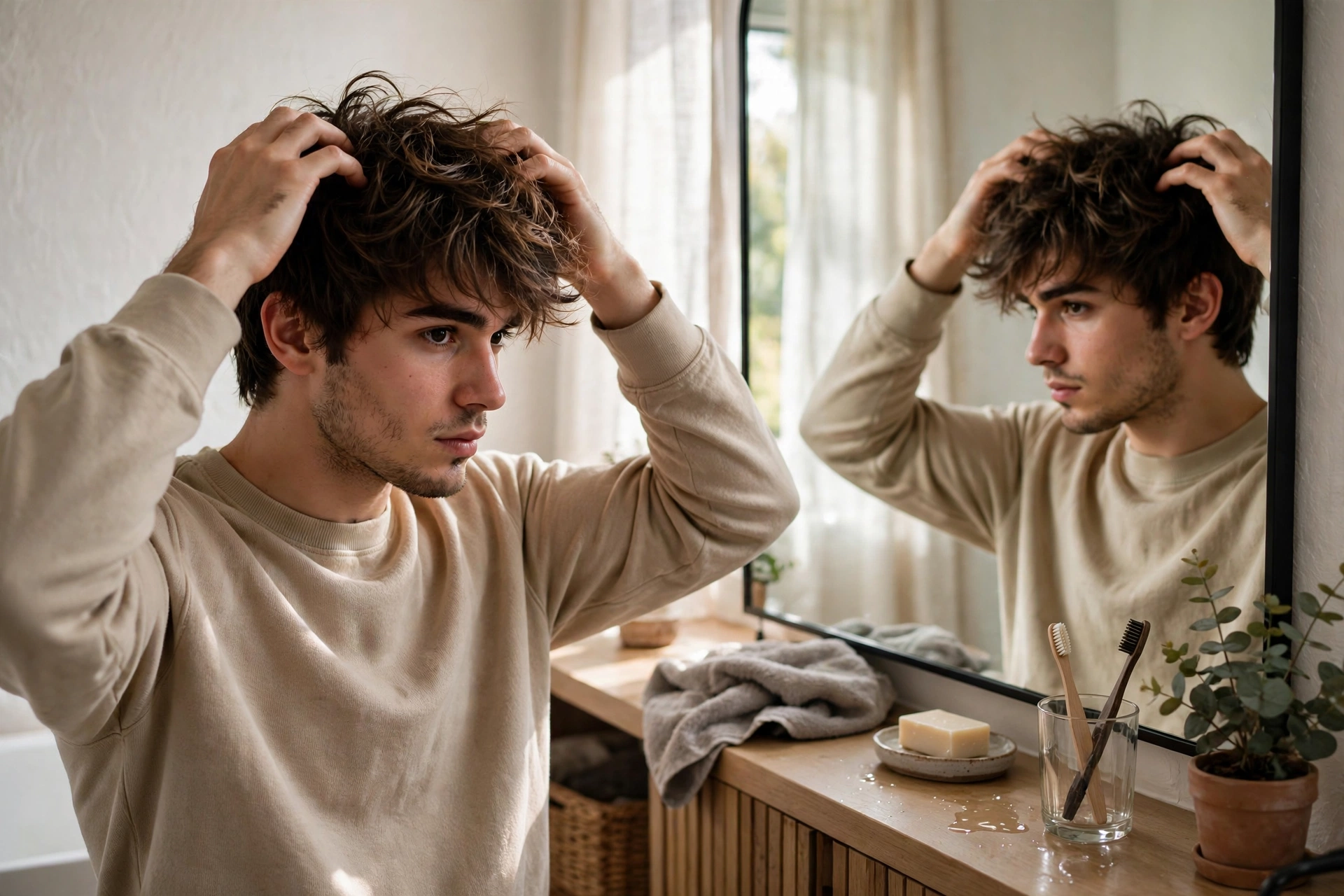 man styling his genji cut at home, hands texturizing messy layers in mirror