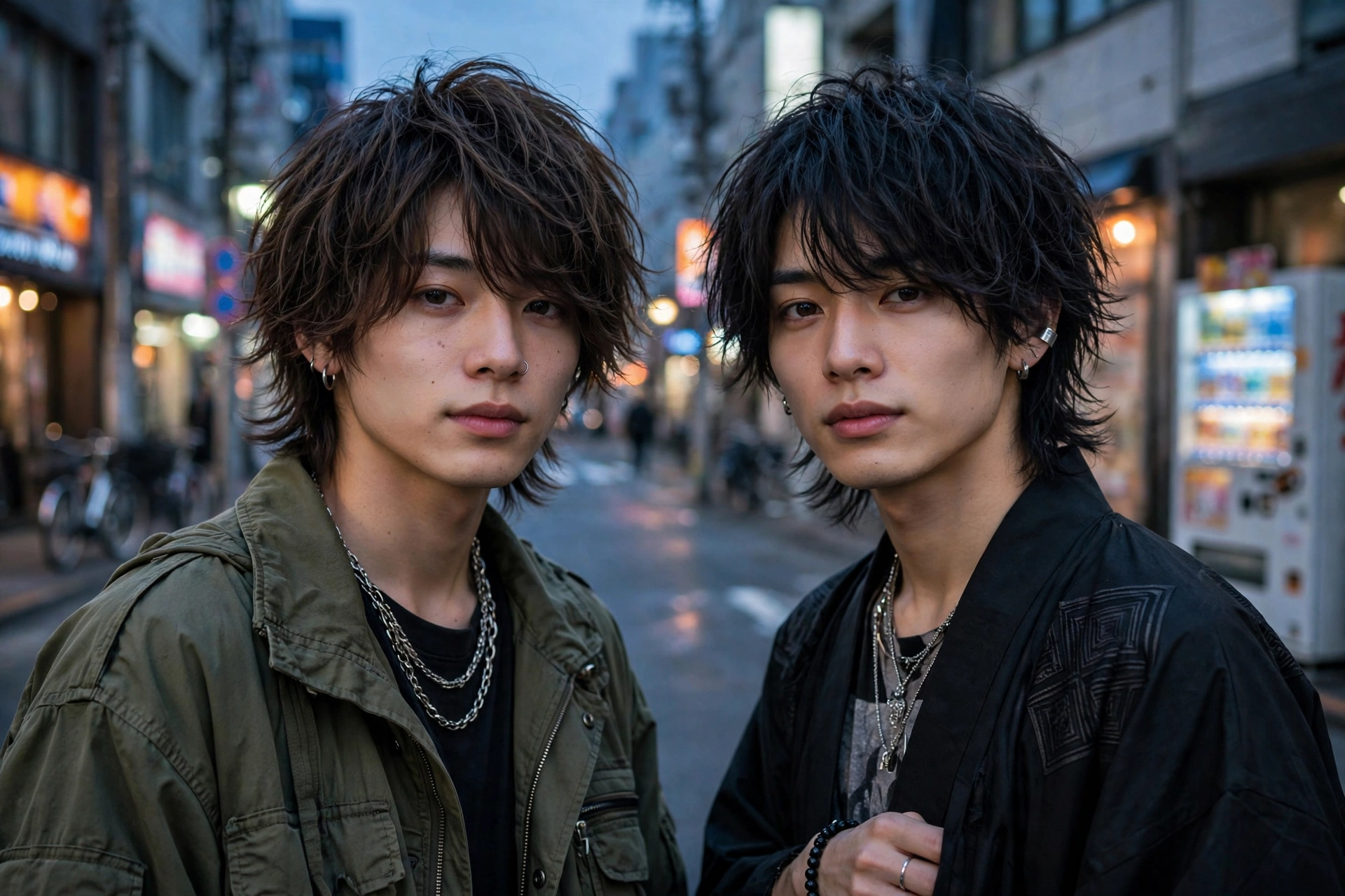 young men with genji cut hairstyles, Japanese street fashion style, urban Tokyo setting