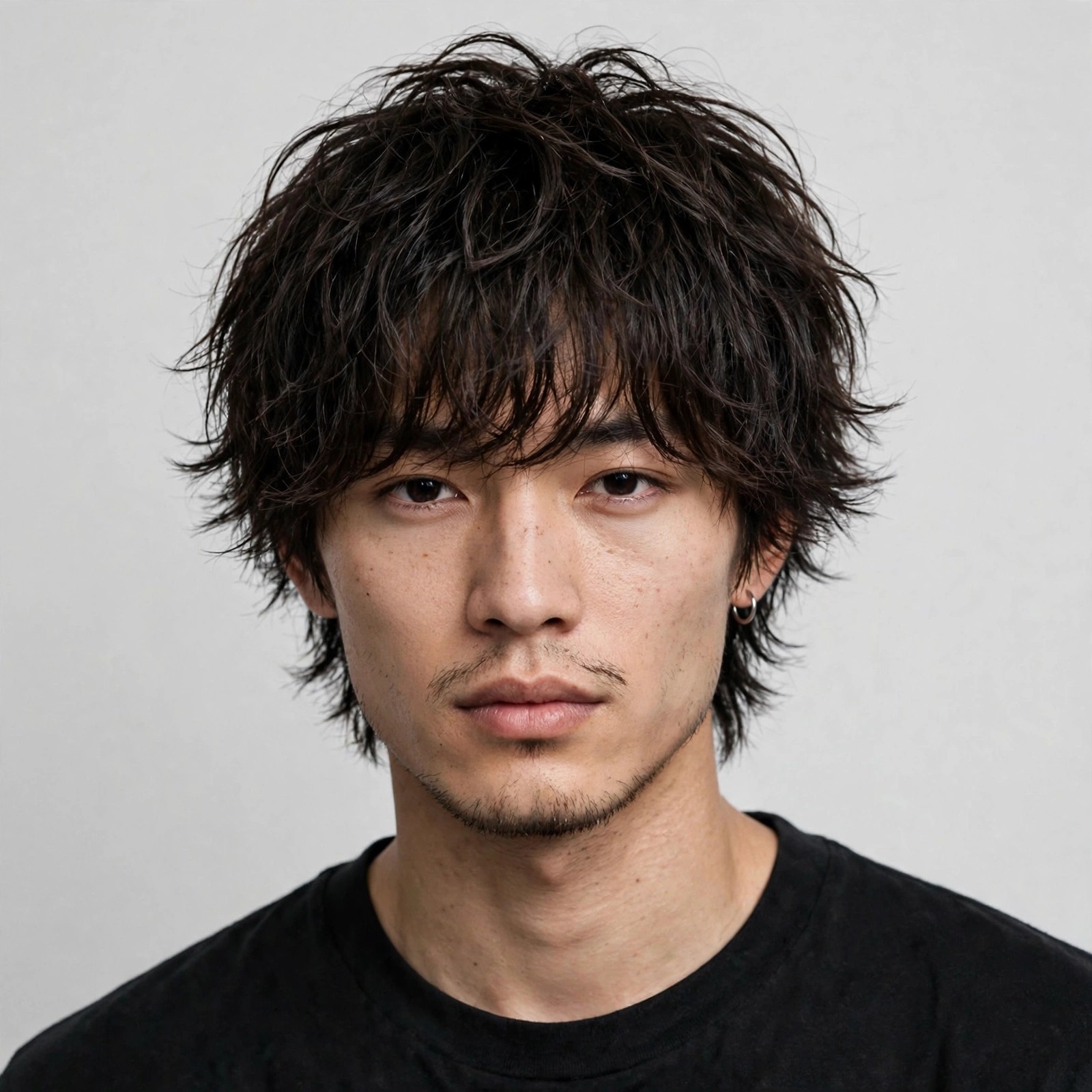 male model with a classic genji cut, medium layered textured hair with natural messy finish, studio portrait