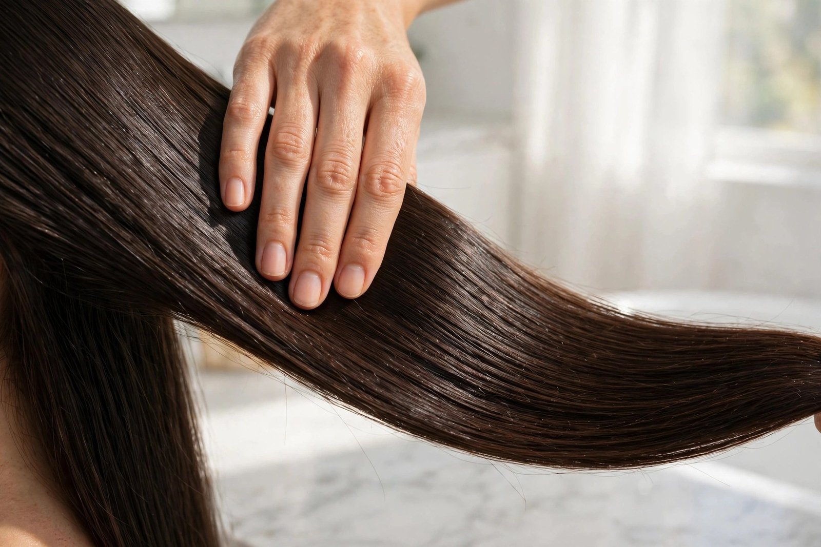 Woman's hand smoothing anti-frizz serum over sleek mirror-shine hair, bathroom vanity setting, morning light