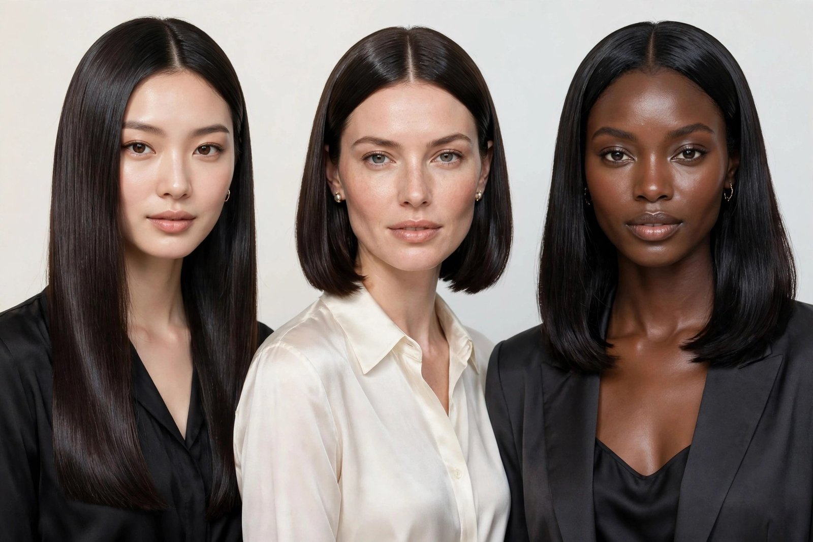 Three elegant women side by side showing blunt one-length cut, blunt bob with center part, and sleek lob, all with mirro