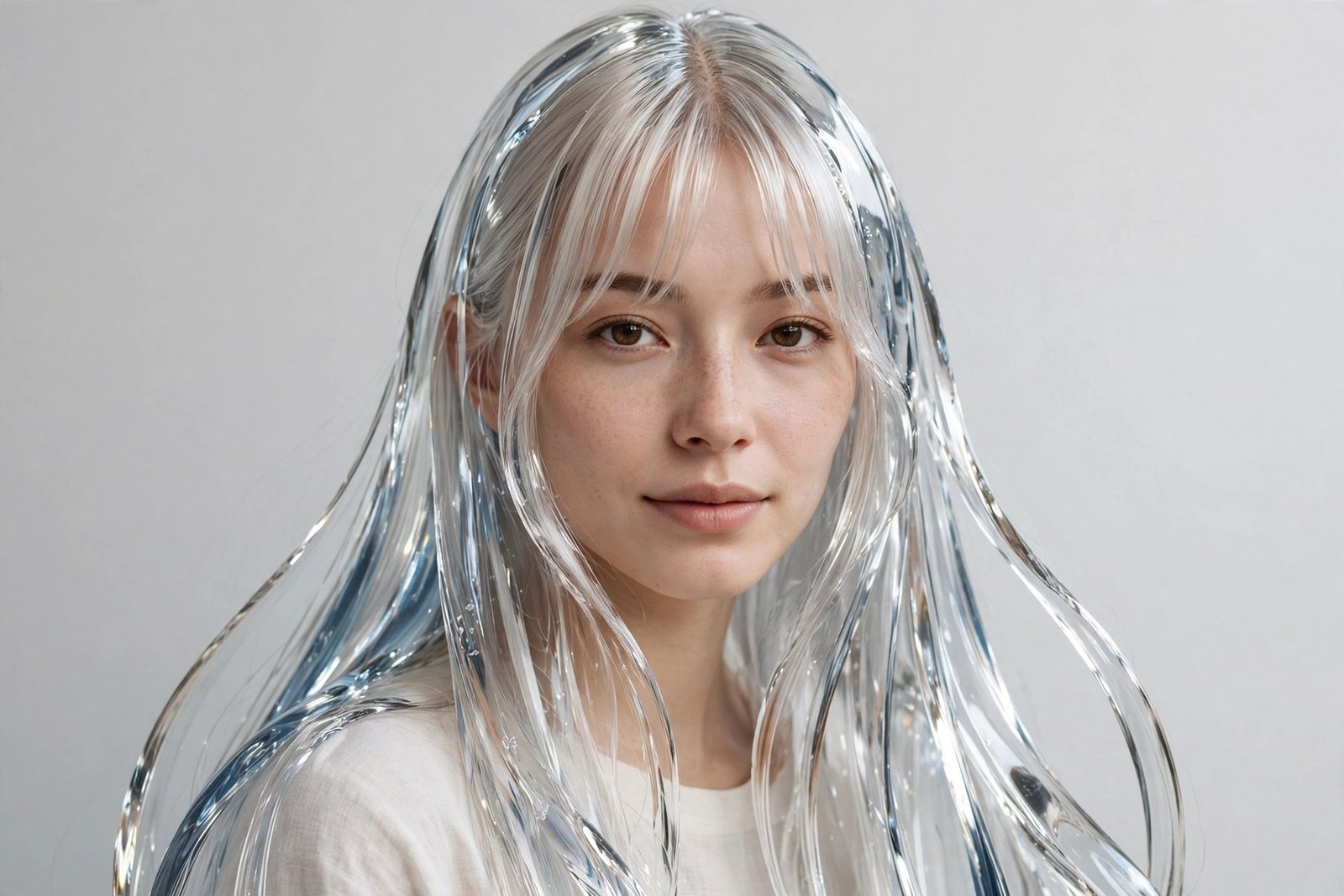 Woman with sleek glass hair and curtain bangs, center-parted fringe framing her face, mirror-shine lengths, soft studio 