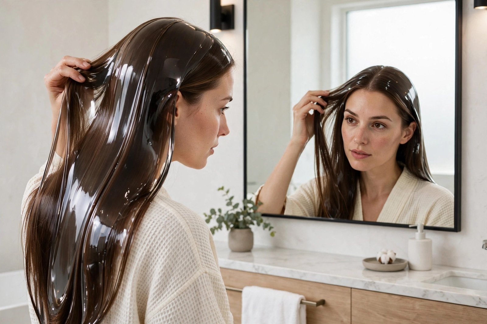 Woman looking at her reflection checking her sleek glass hair in a large mirror, bright modern bathroom