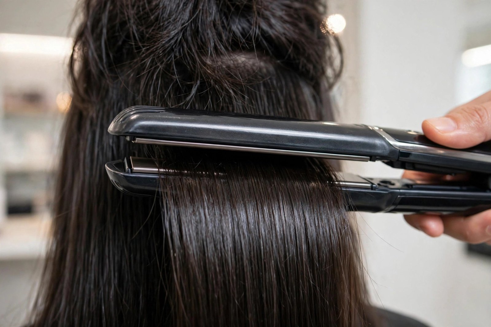 Close-up of a flat iron gliding through a small section of sleek hair, smooth glossy finish forming behind it, bright sa
