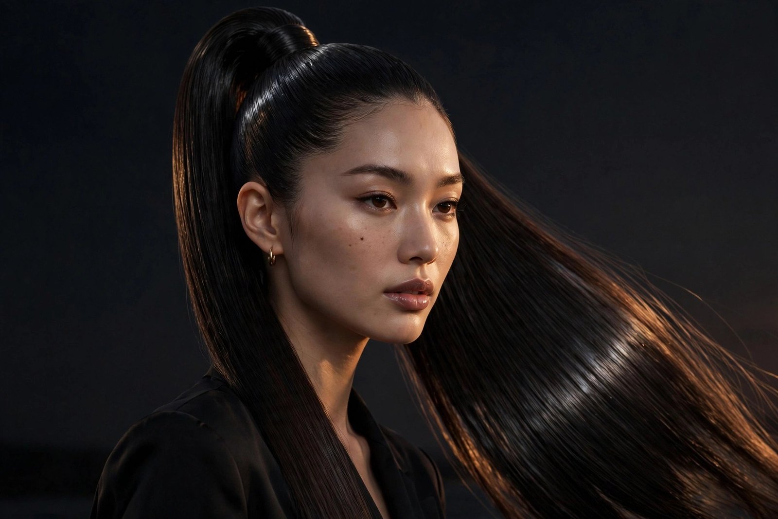 Woman with a sleek high glass ponytail, every strand smooth with mirror shine, dramatic evening lighting, high-fashion b