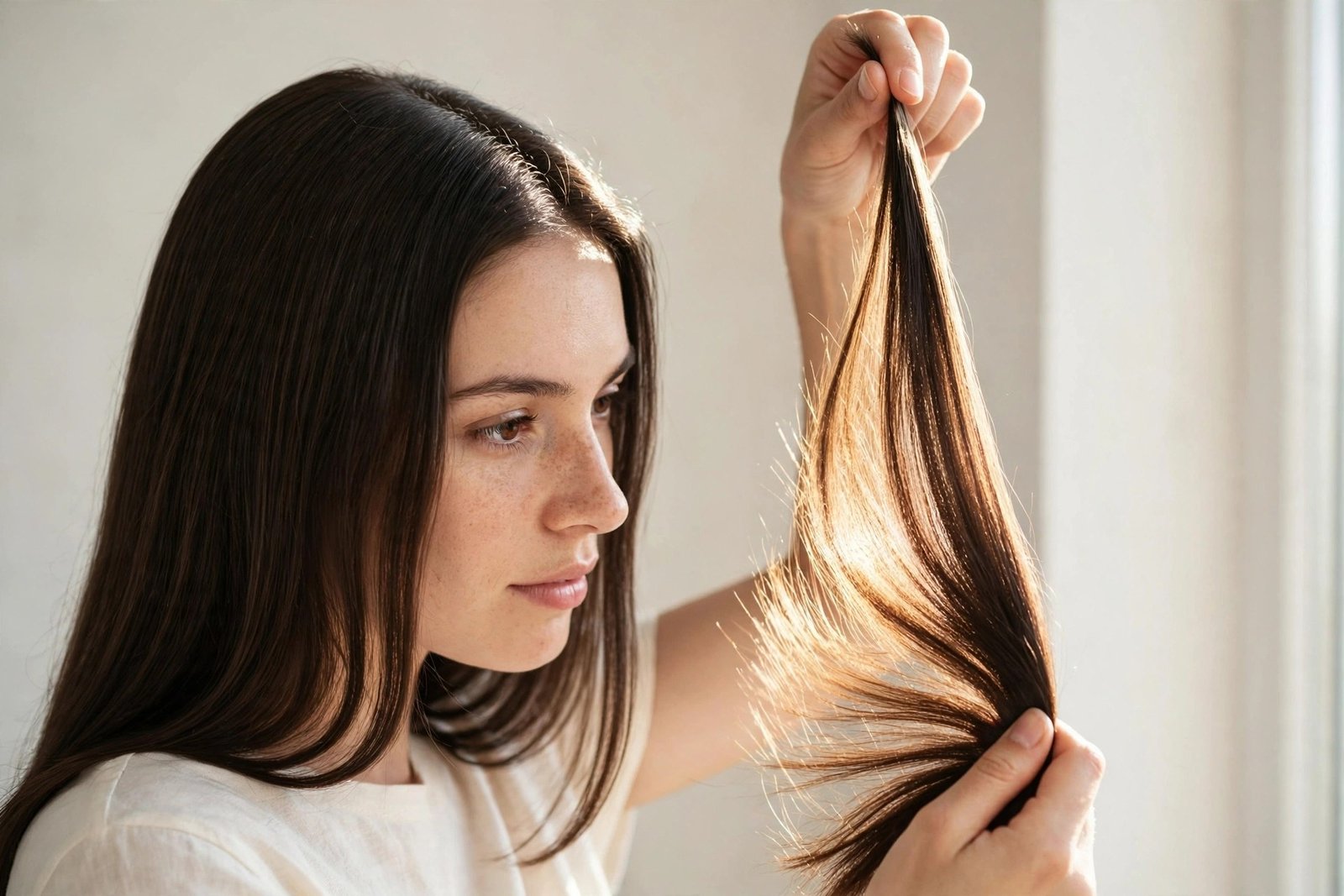Woman holding a smooth glossy section of her own hair up to the light, checking shine quality, natural window light, rea