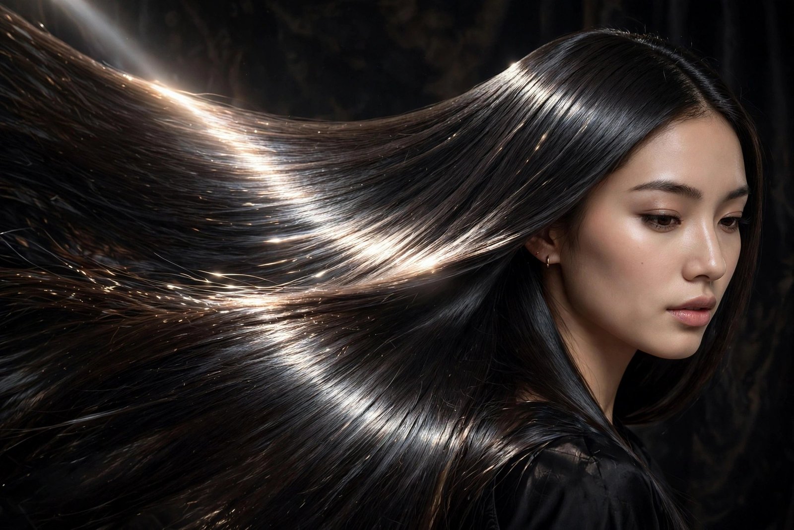 Stunning woman with ultra-glossy mirror-shine straight hair, dramatic light reflection streaking across the hair, dark e