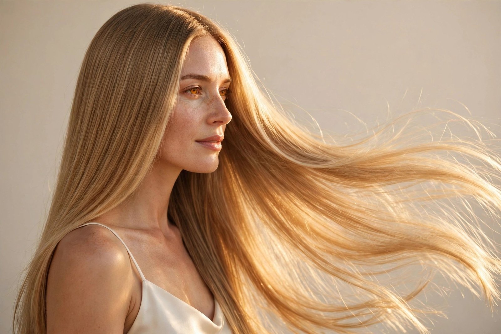 Woman with honey blonde mirror-shine straight hair glowing in soft golden light, luminous smooth strands, elegant beauty