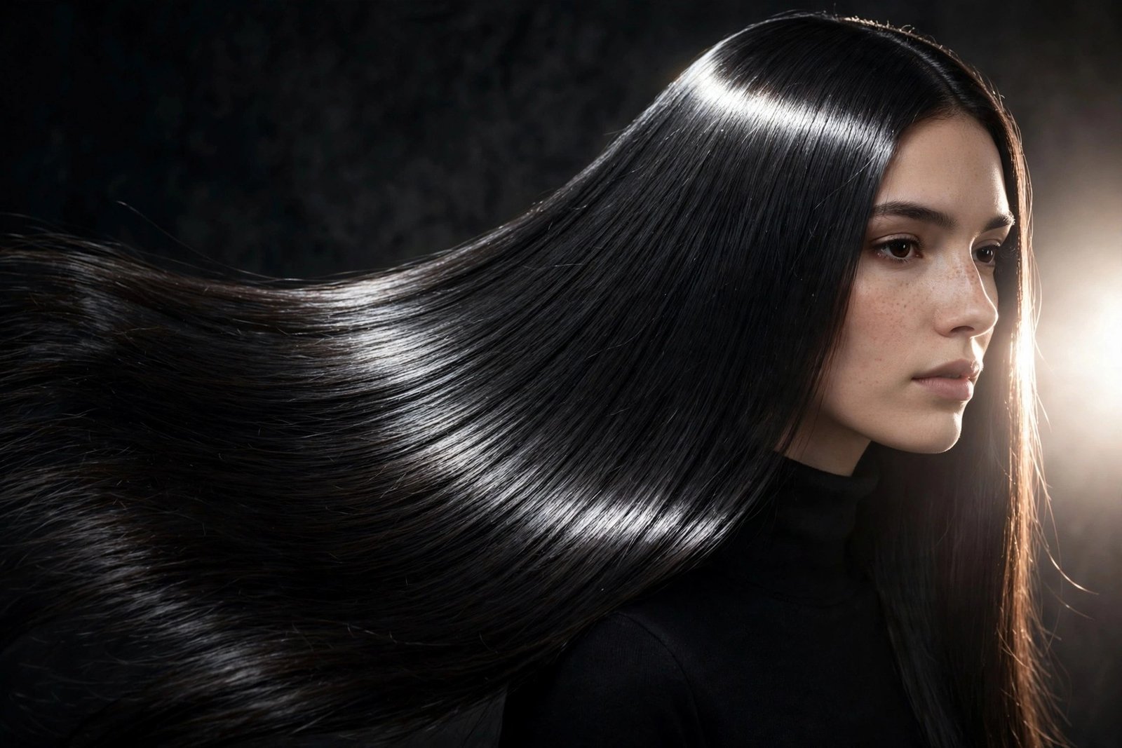 Woman with jet-black mirror-shine straight hair, dramatic side lighting creating a bright shine streak against the dark 