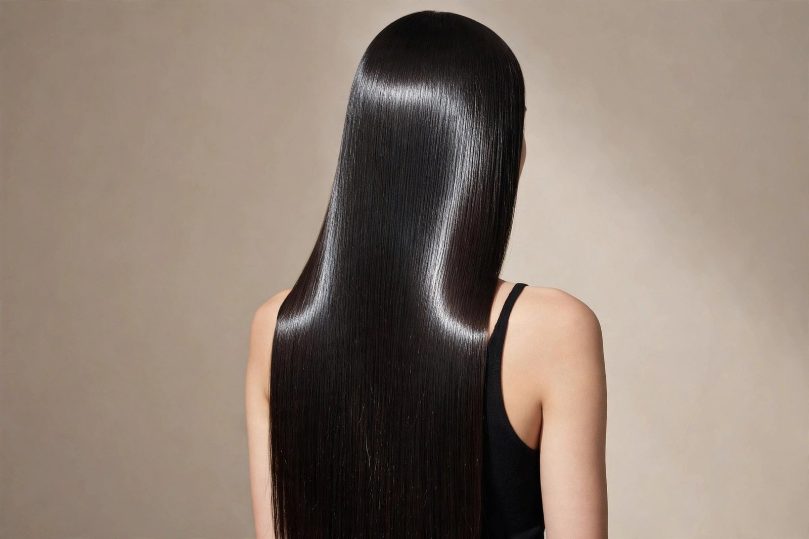 Woman with very long waist-length mirror-shine straight hair photographed from behind, hair catching the light in a long