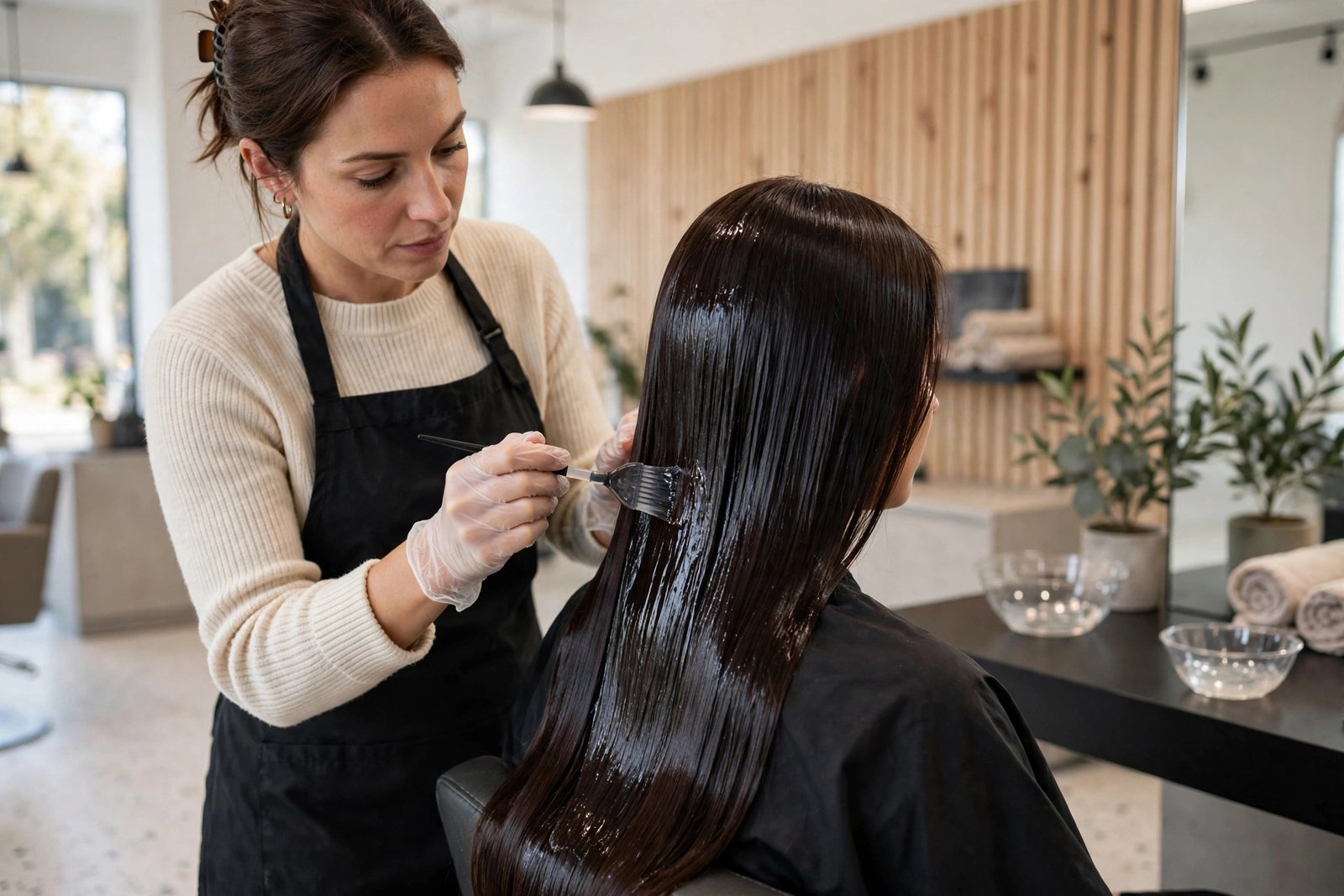 Professional salon scene with a stylist applying a clear gloss treatment to a client's sleek dark hair, bright modern sa