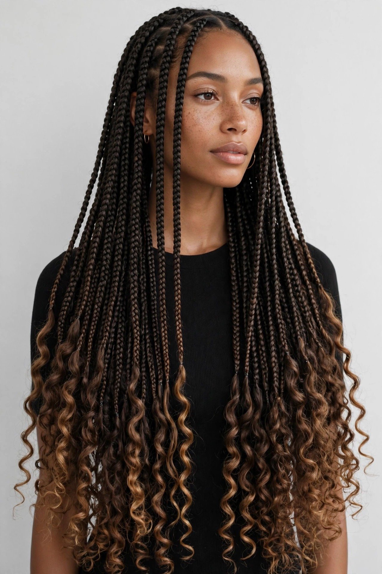 Classic waist-length goddess braids with curly boho ends worn by a woman