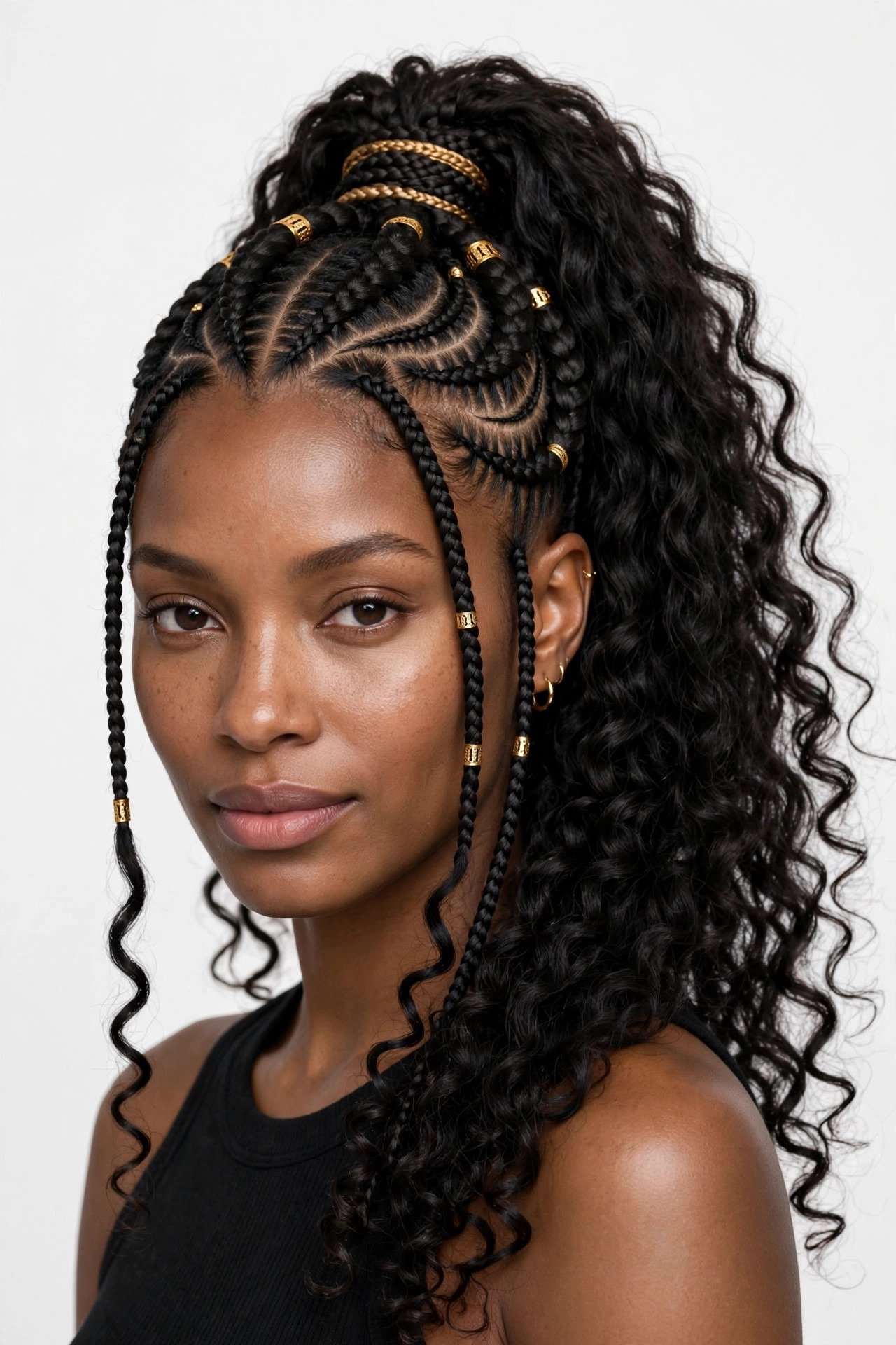 High ponytail goddess braids with curly ends and half-up goddess braid style