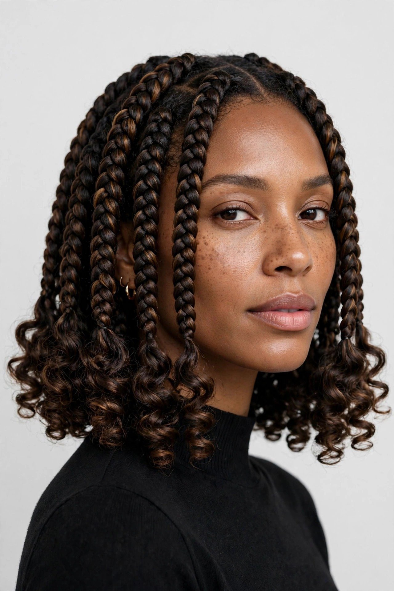 Short lob-length goddess braids with bouncy curly ends