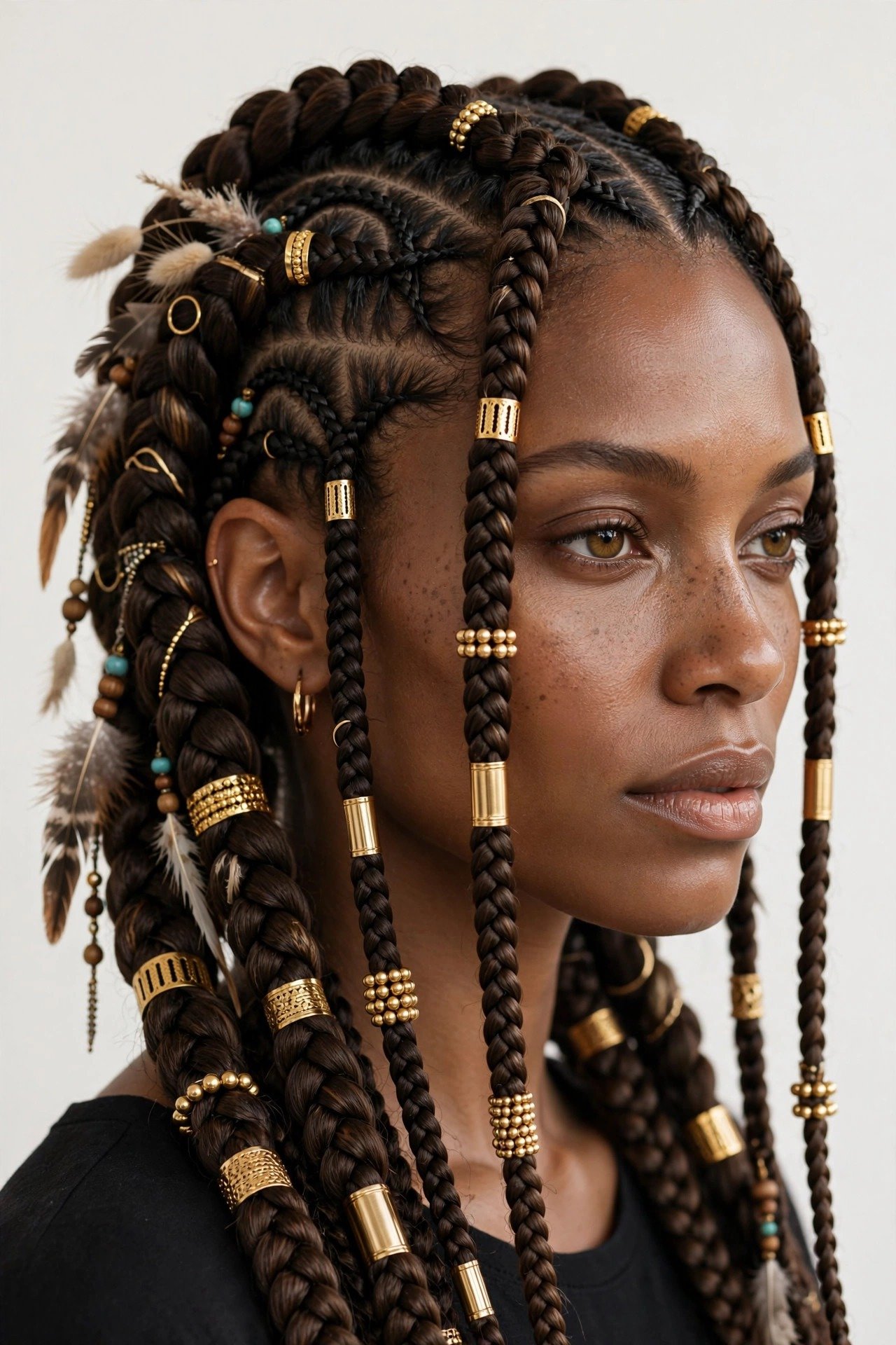 Goddess braids decorated with gold cuffs beads and boho accessories
