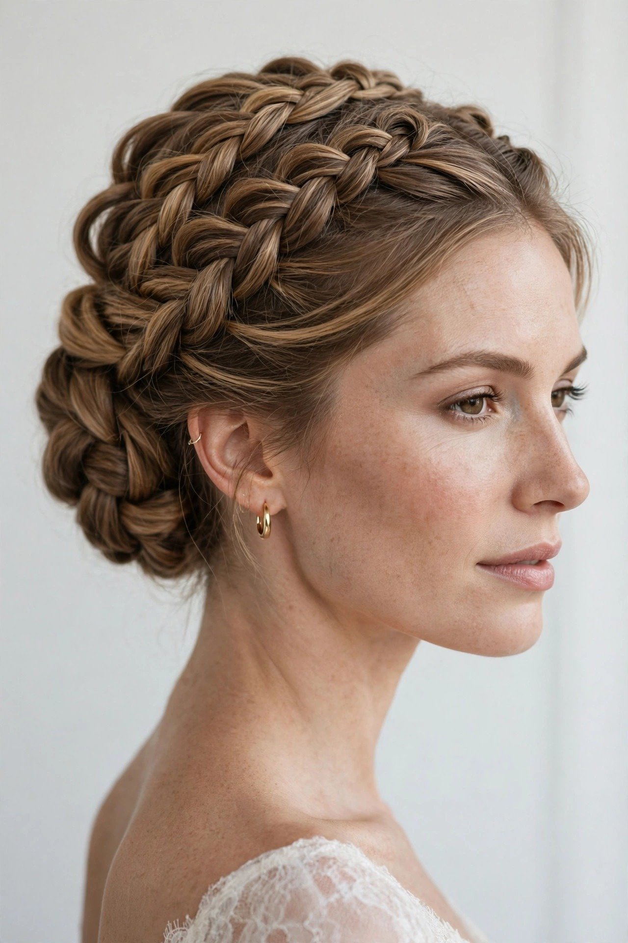 Elegant formal goddess braid updo styled for a wedding