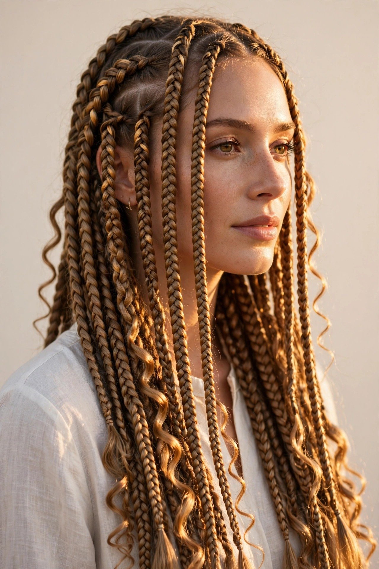 Woman with long goddess braids in golden hour light, boho braid style