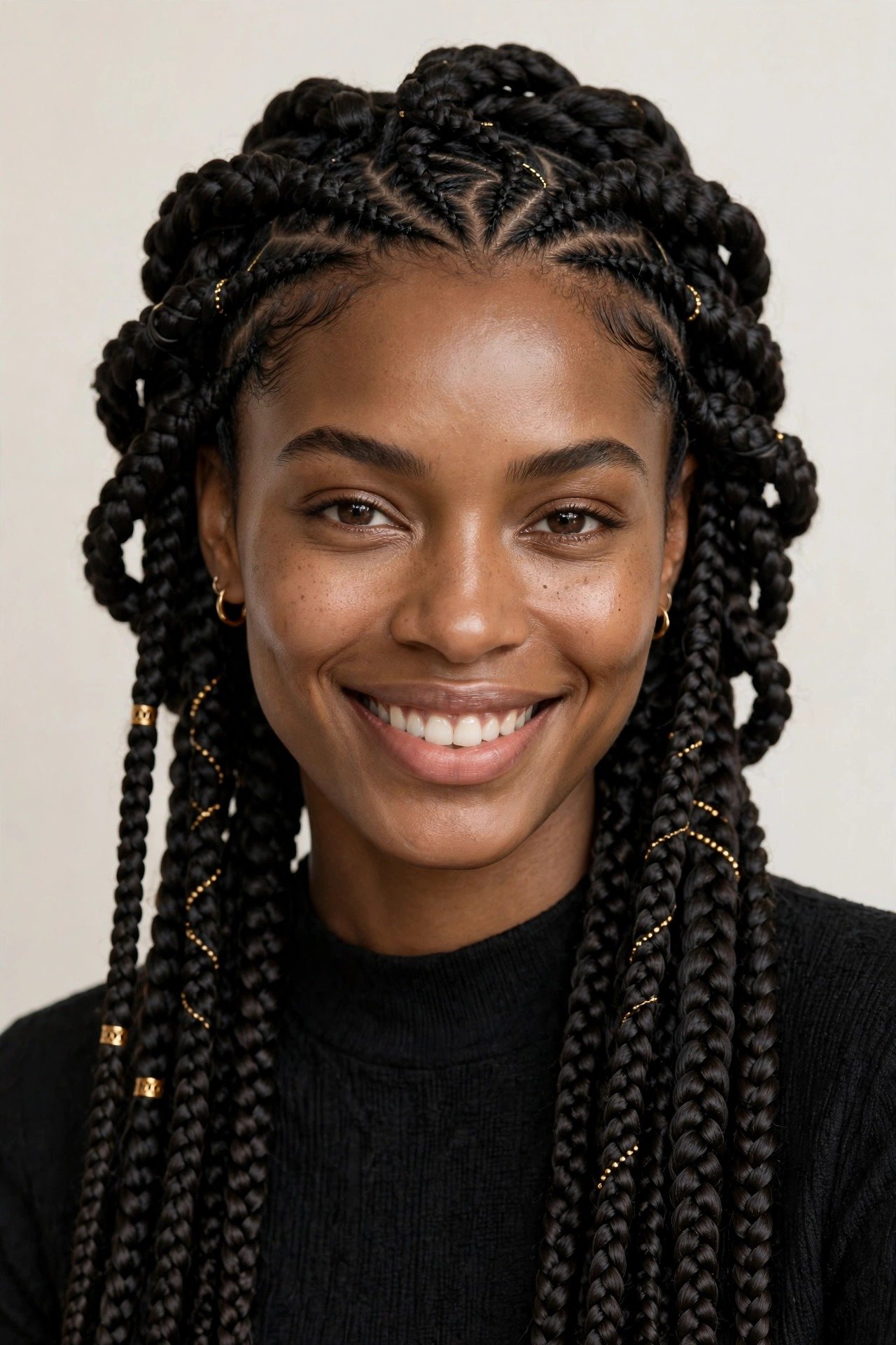 Woman with goddess braids smiling, FAQ about goddess braid styles