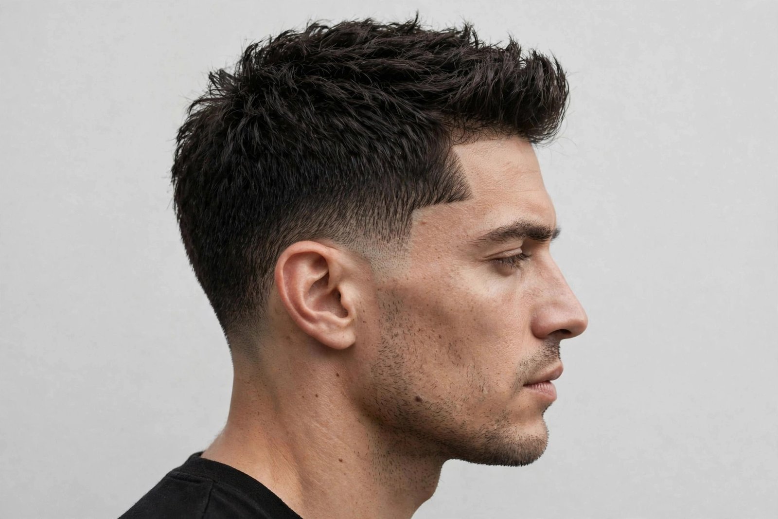 Classic sharp line-up hair design for men: razor-crisp forehead line and squared temples, editorial barbershop photo