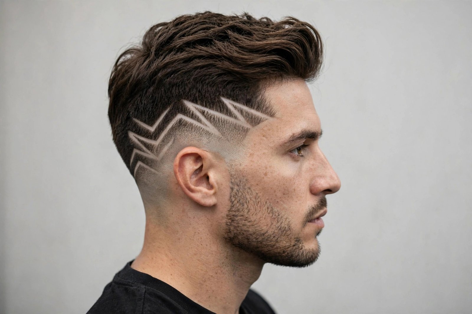 Geometric fade pattern hair design for men: angular chevron shapes carved into a skin fade, premium barbershop photography