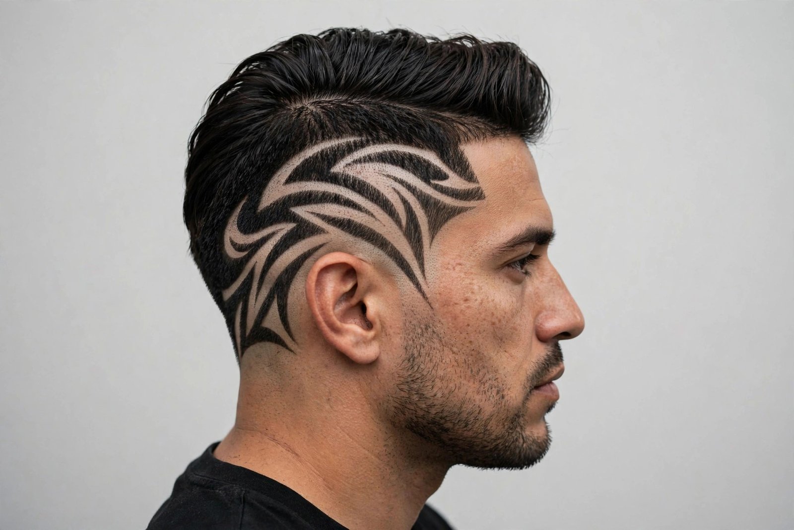 Curved tribal-inspired hair design for men: flowing tapered curves carved into a low fade, editorial barbershop photo