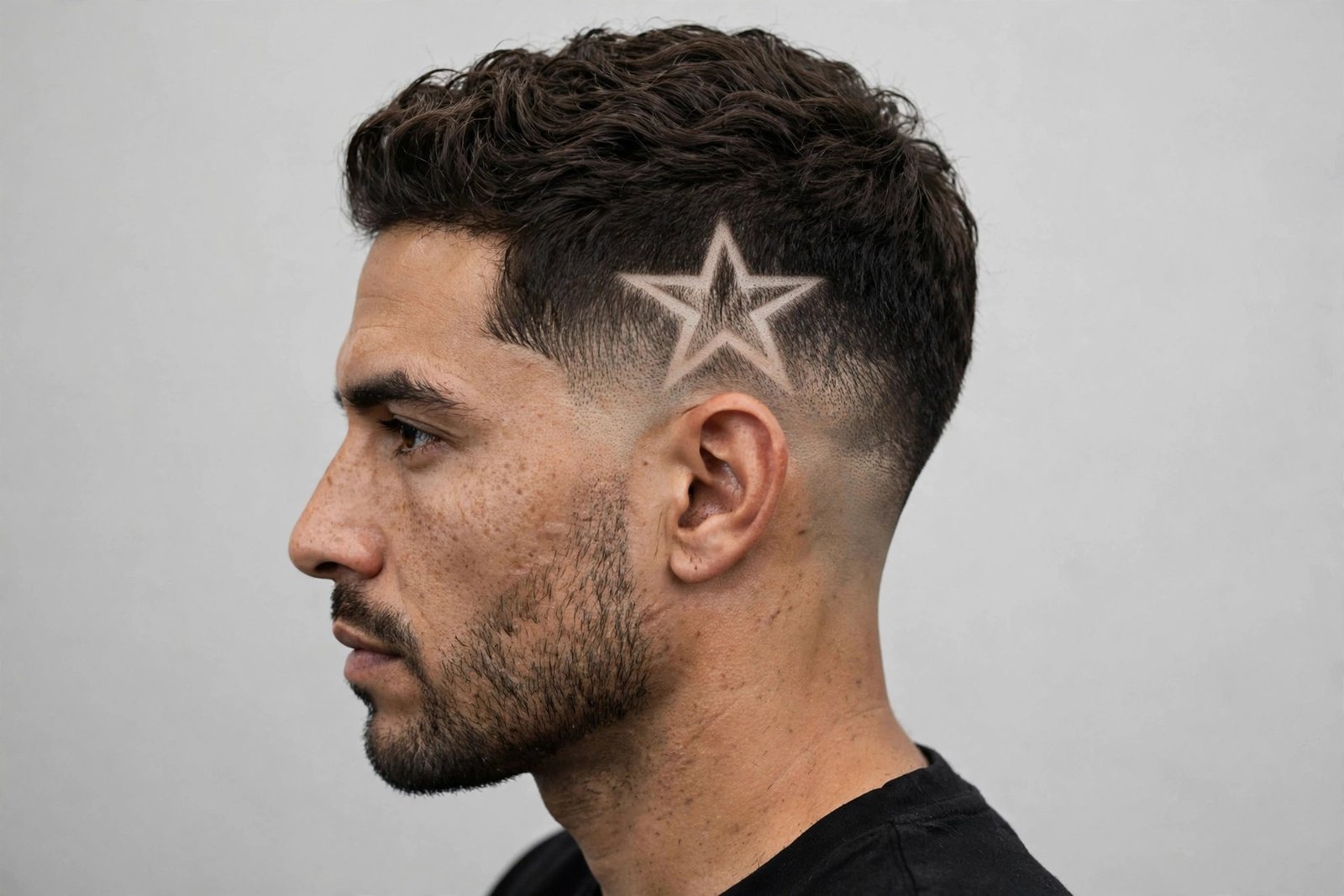 Starburst hair design for men: five-pointed star carved into a temple fade, premium editorial photography