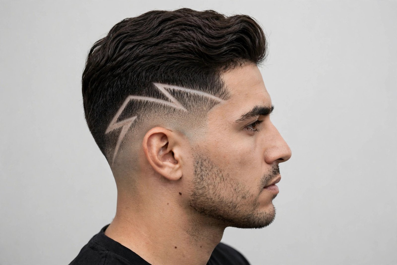 Lightning bolt hair design for men: zigzag bolt carved into a mid fade, editorial barbershop photography